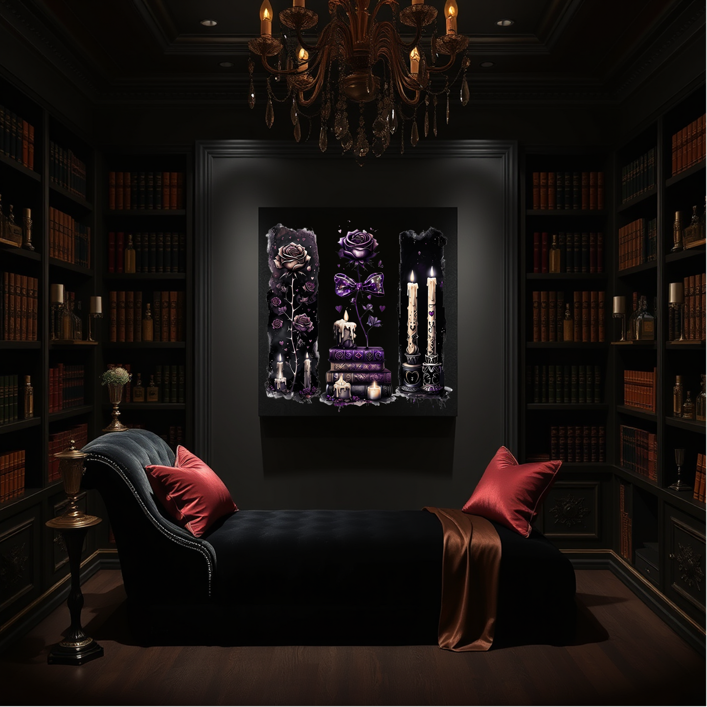 Gothic Booklover Canvas Print — Dark Roses & Stacked Books Wall Art