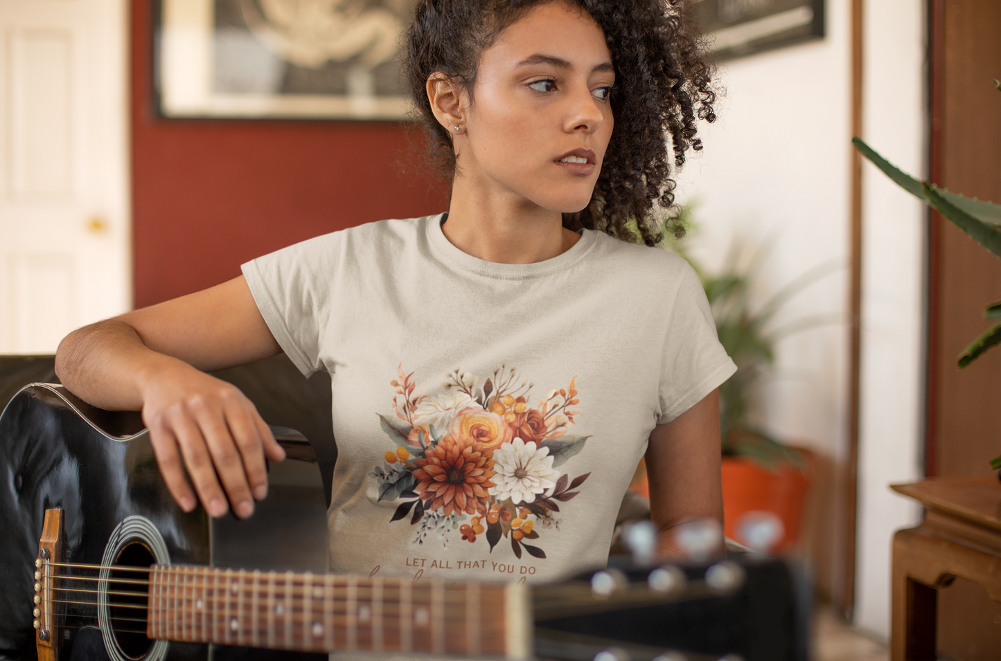 Floral Scripture T-Shirt “Let All That You Do Be Done in Love” Christian Graphic Tee