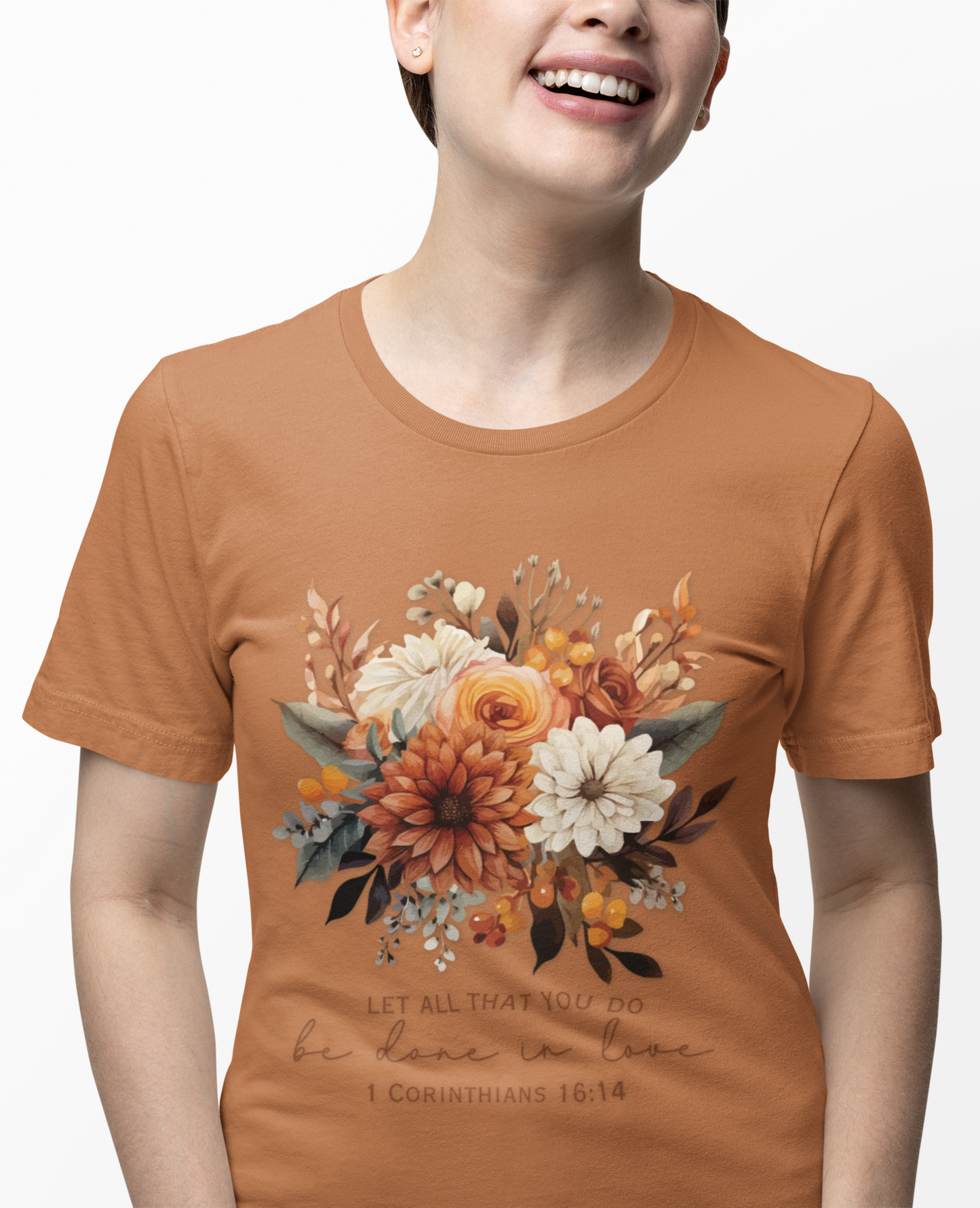 Floral Scripture T-Shirt “Let All That You Do Be Done in Love” Christian Graphic Tee (1 Corinthians 16:14)