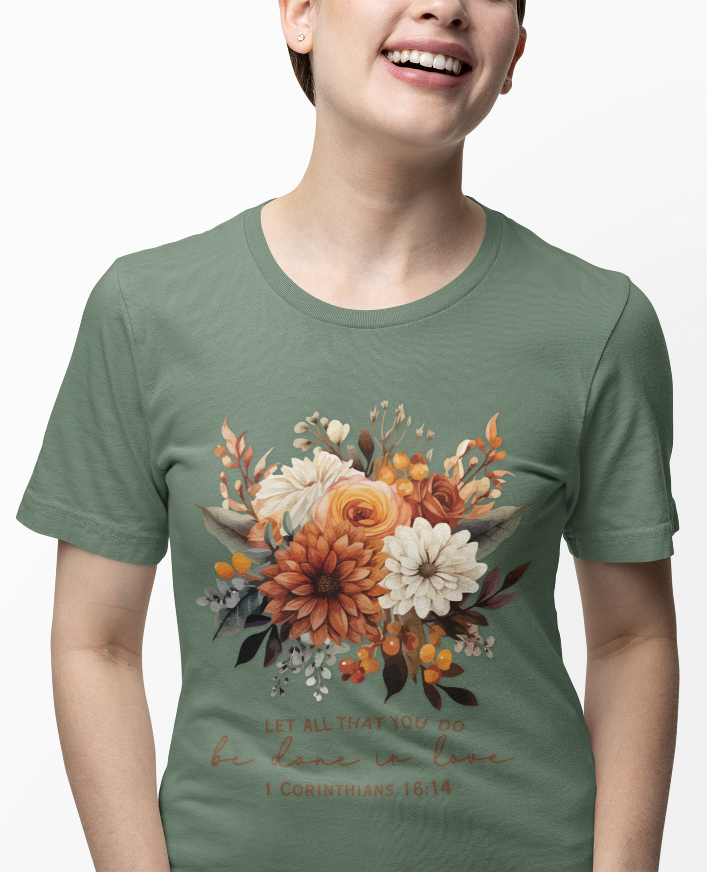 Floral Scripture T-Shirt “Let All That You Do Be Done in Love” Christian Graphic Tee (1 Corinthians 16:14)