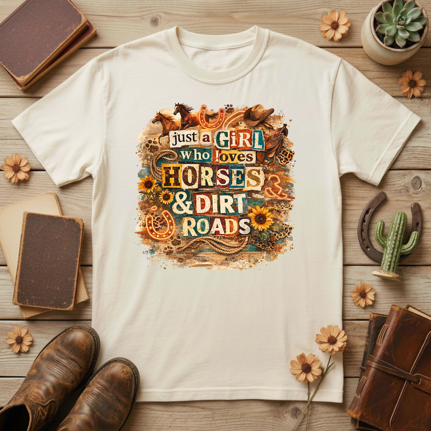 Just a Girl Who Loves Horses & Dirt Roads Shirt | Horse Girl Graphic Tee | Equestrian Gift for Women | Western Boho Shirt | Cowgirl Rodeo Tee
