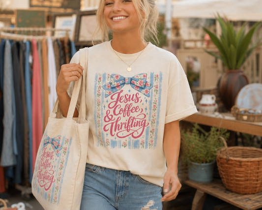 Jesus, Coffee & Thrifting Tee — Antique Fresh Brew Faith Shirt with Stripes & Bow