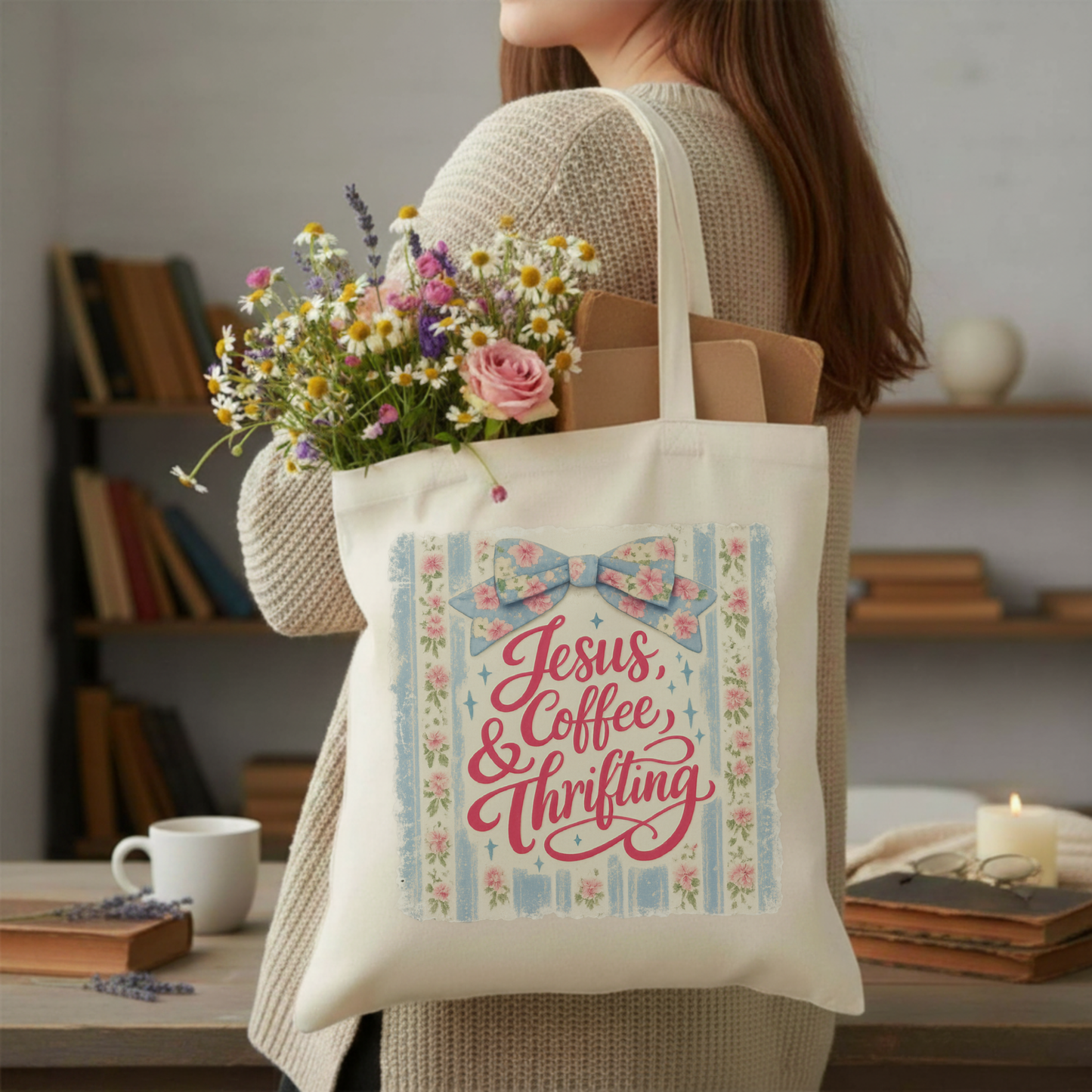 Jesus, Coffee & Thrifting Canvas Tote Bag — Cute Trendy Cotton Shopper