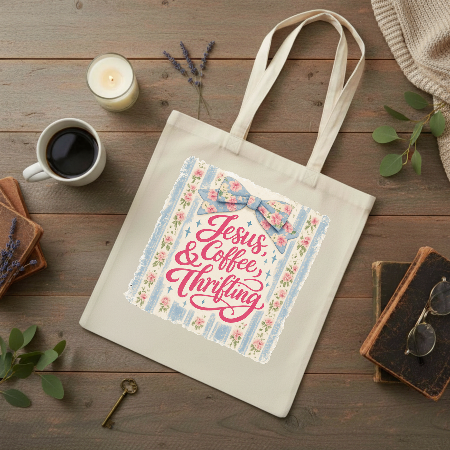 Jesus, Coffee & Thrifting Canvas Tote Bag — Cute Trendy Cotton Shopper