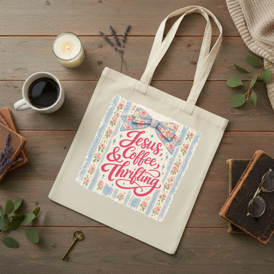 Jesus, Coffee & Thrifting Canvas Tote Bag — Cute Trendy Cotton Shopper