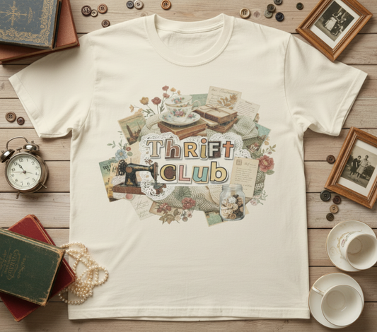 Thrift Club T-Shirt | Cottagecore Vintage Aesthetic | Grandmacore Sewing Gift | Retro Thrift Lover | Cozy Vintage Graphic | Scrapbook Trend