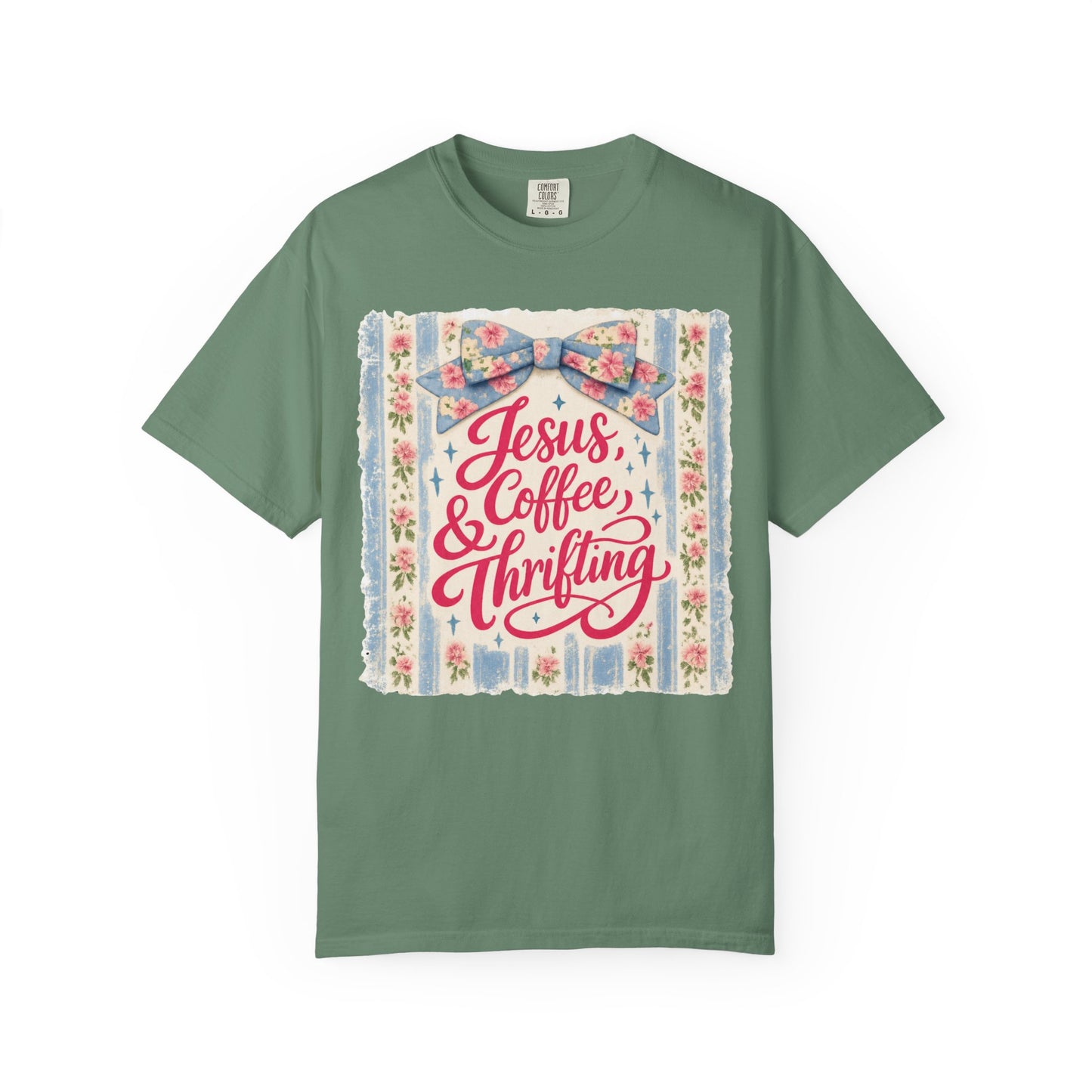 Jesus, Coffee & Thrifting Tee — Antique Fresh Brew Faith Shirt with Stripes & Bow