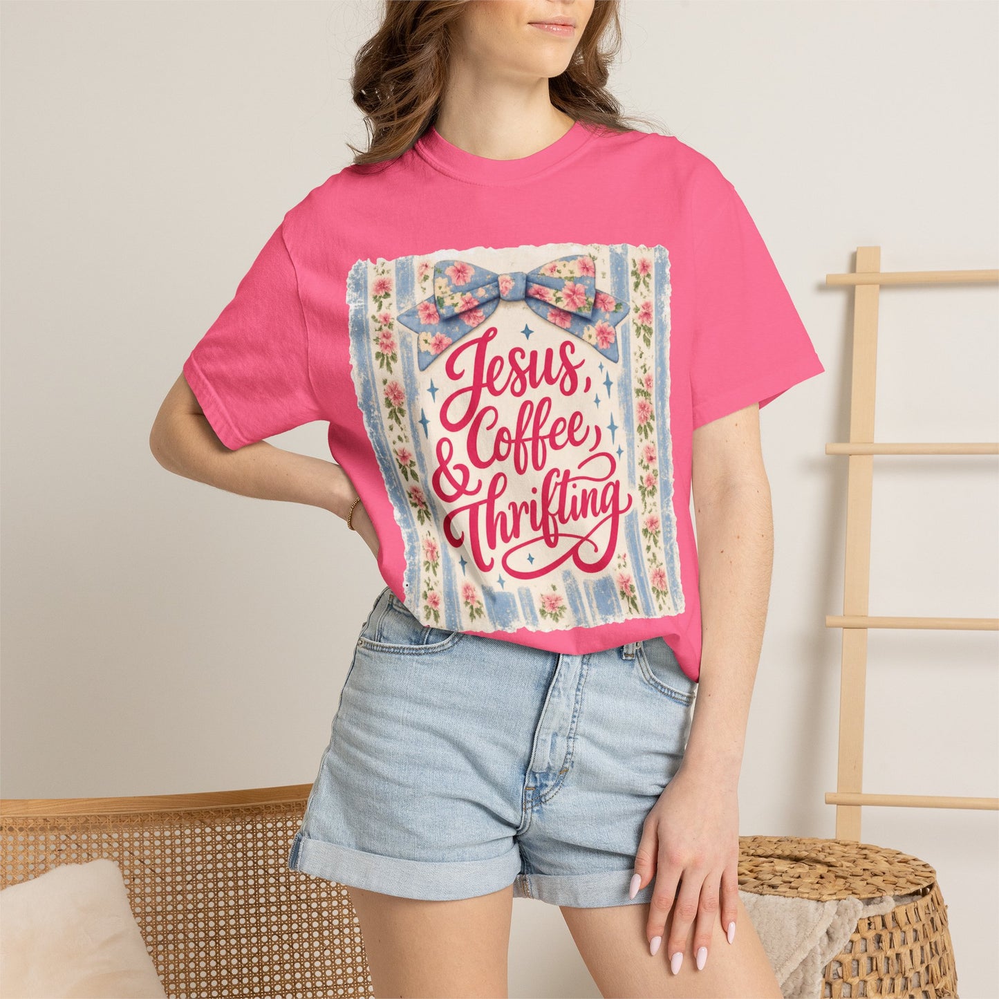 Jesus, Coffee & Thrifting Tee — Antique Fresh Brew Faith Shirt with Stripes & Bow