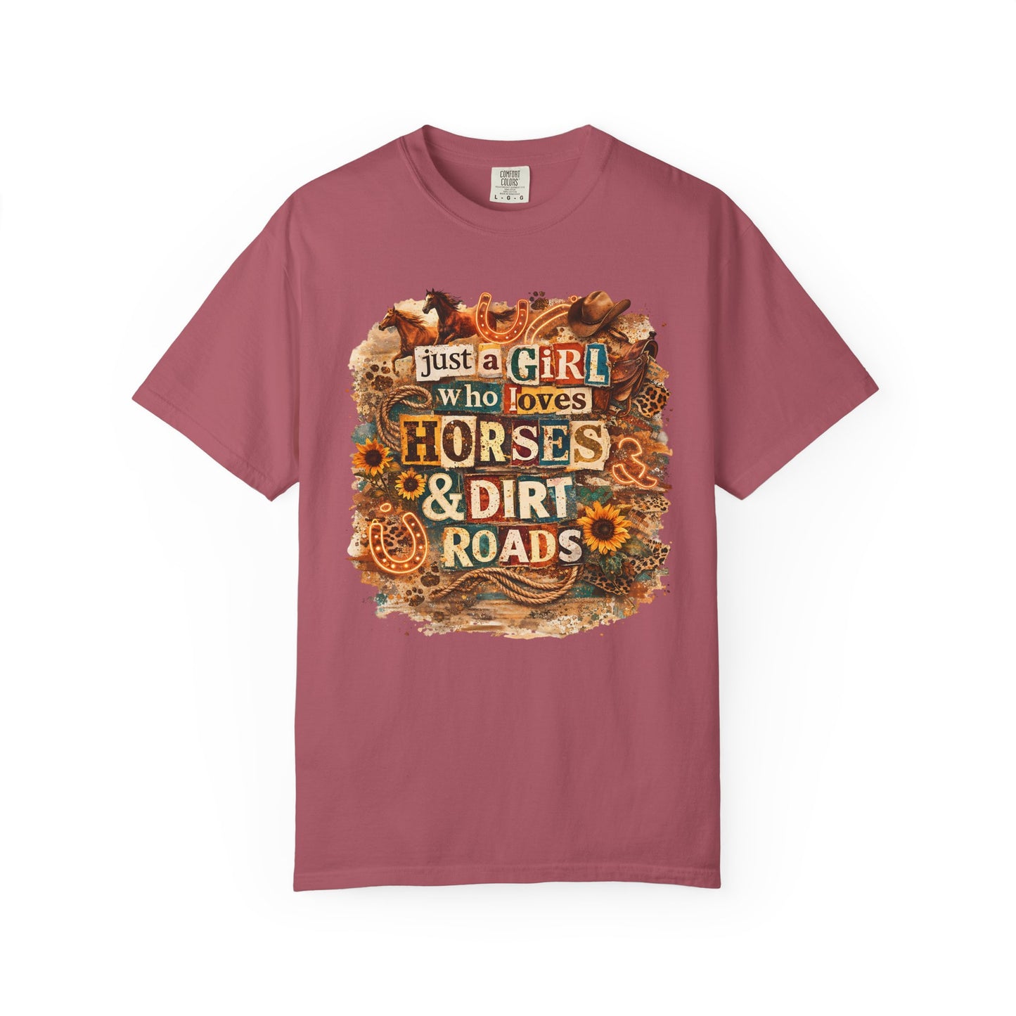 Just a Girl Who Loves Horses & Dirt Roads Shirt | Horse Girl Graphic Tee | Equestrian Gift for Women | Western Boho Shirt | Cowgirl Rodeo Tee