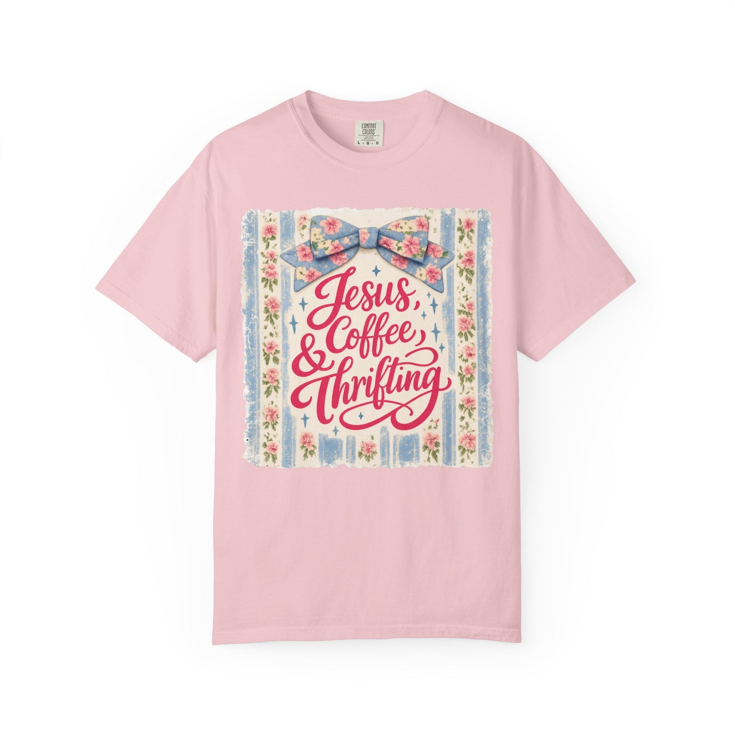 Jesus, Coffee & Thrifting Tee — Antique Fresh Brew Faith Shirt with Stripes & Bow