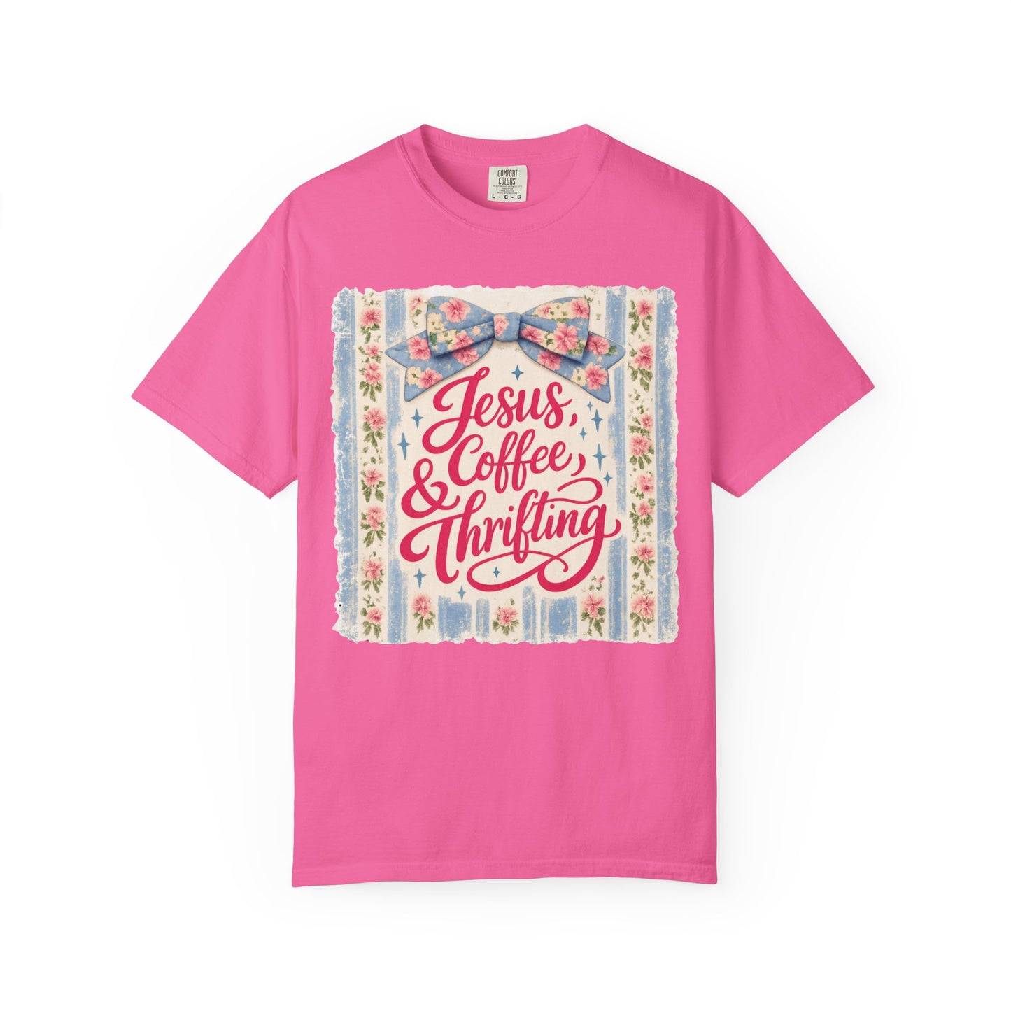 Jesus, Coffee & Thrifting Tee — Antique Fresh Brew Faith Shirt with Stripes & Bow
