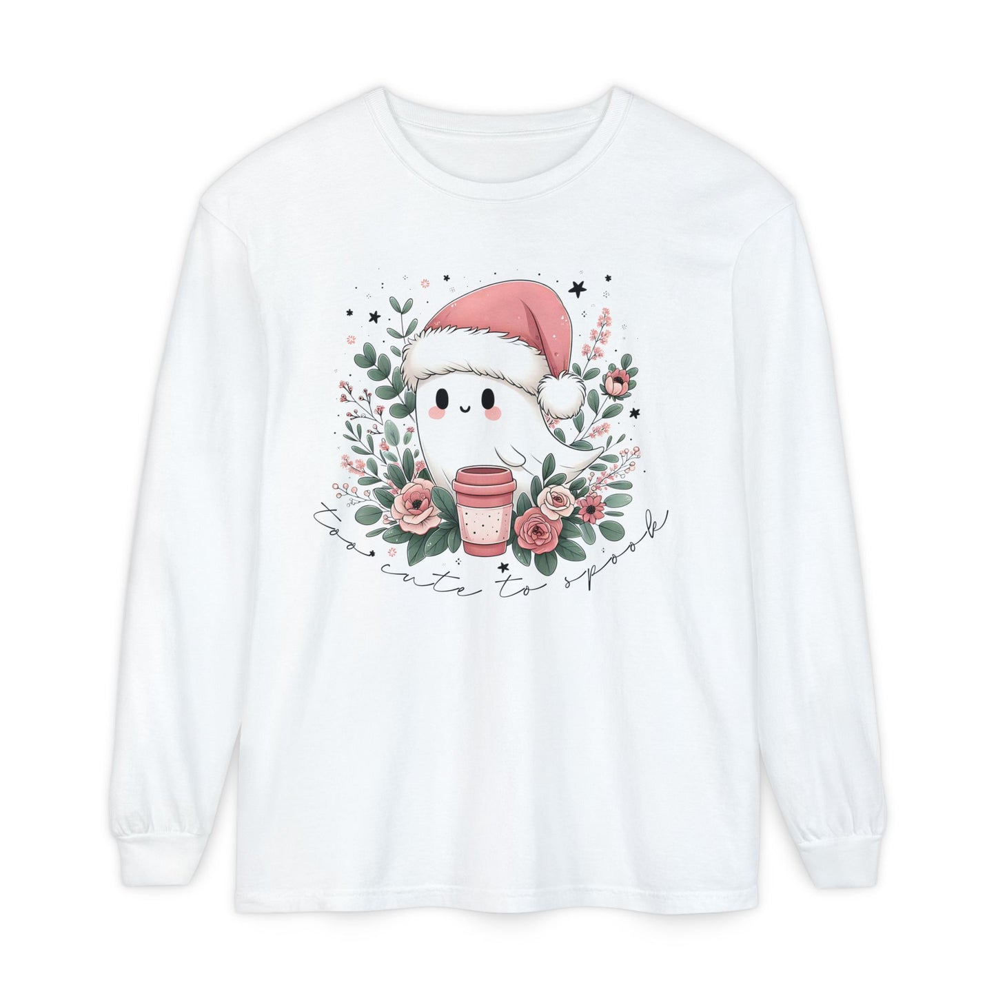 Too Cute to Spook Long Sleeve T-Shirt, Watercolor Ghost with Pink Santa Hat, Coffee & Florals, Pastel Christmas Holiday Apparel
