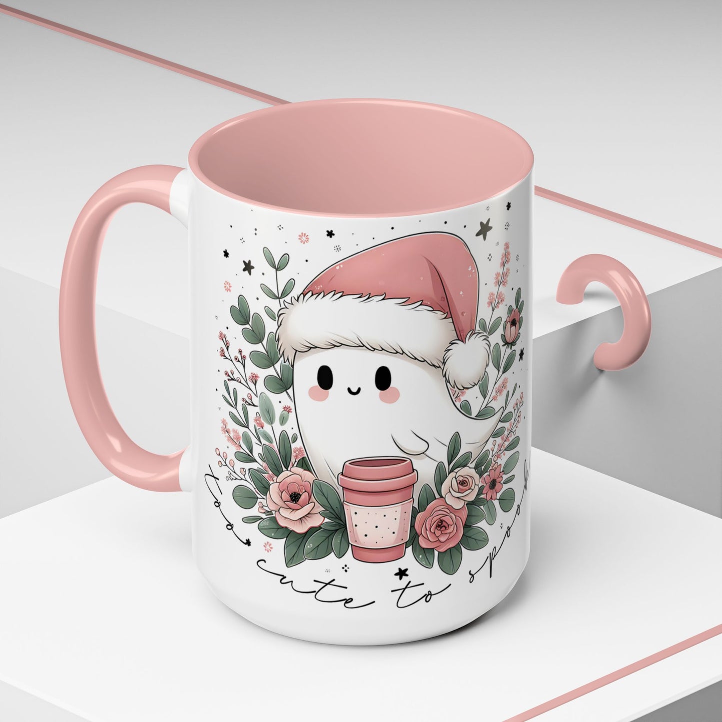 Too Cute to Spook Mug | Ghost with Pink Santa Hat & Coffee | Pastel Christmas Holiday Mug