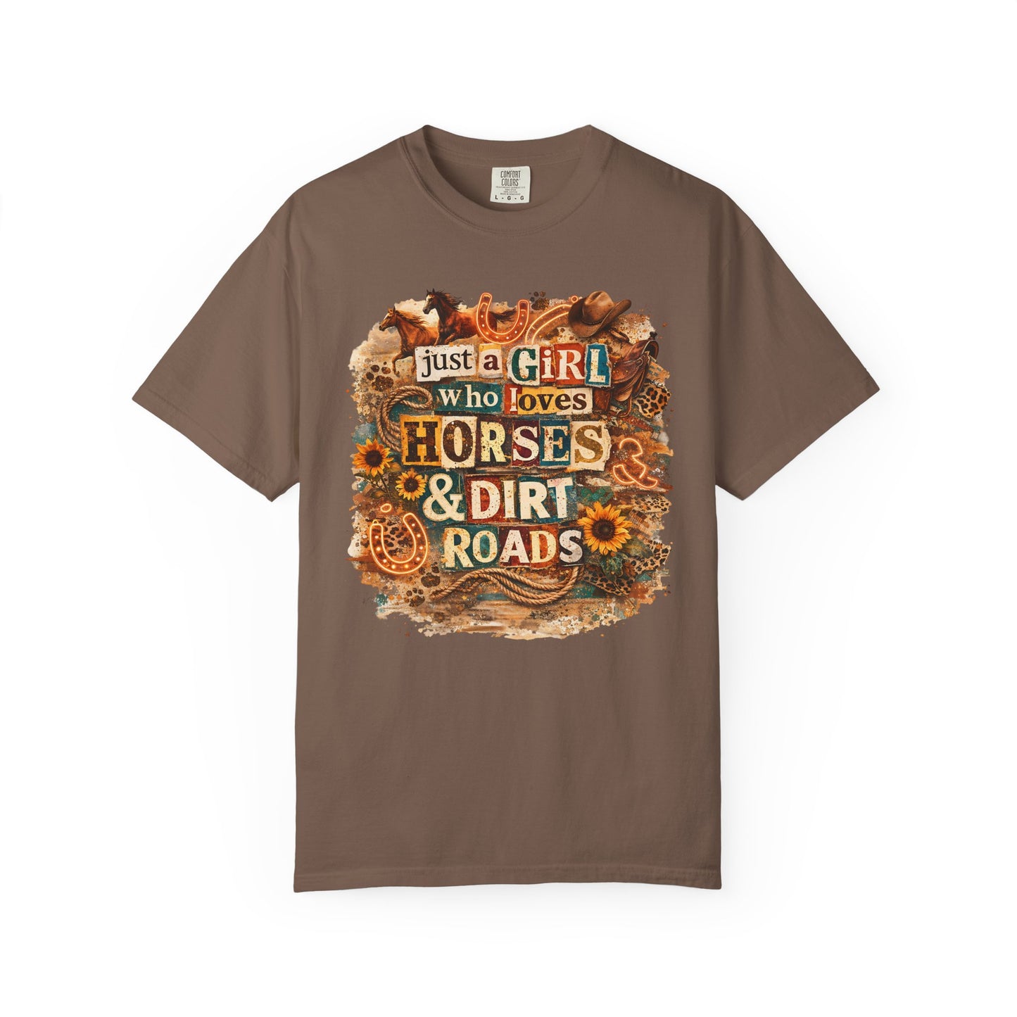 Just a Girl Who Loves Horses & Dirt Roads Shirt | Horse Girl Graphic Tee | Equestrian Gift for Women | Western Boho Shirt | Cowgirl Rodeo Tee