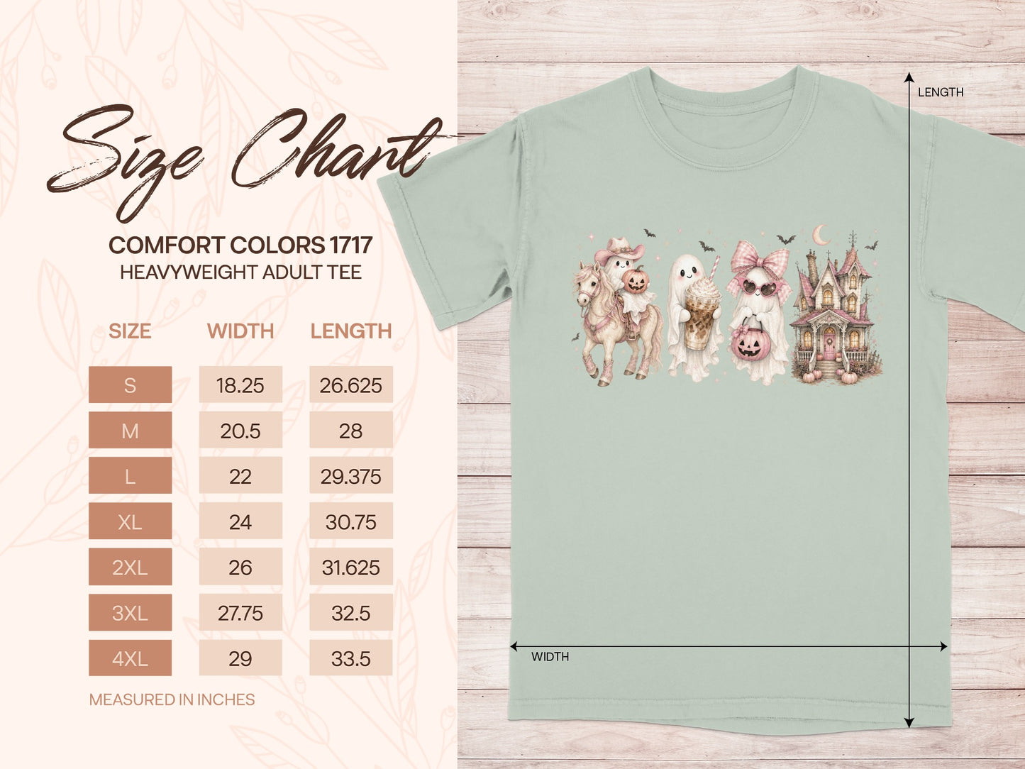 Comfort Colors 1717 size chart for heavyweight adult tee with measurements.