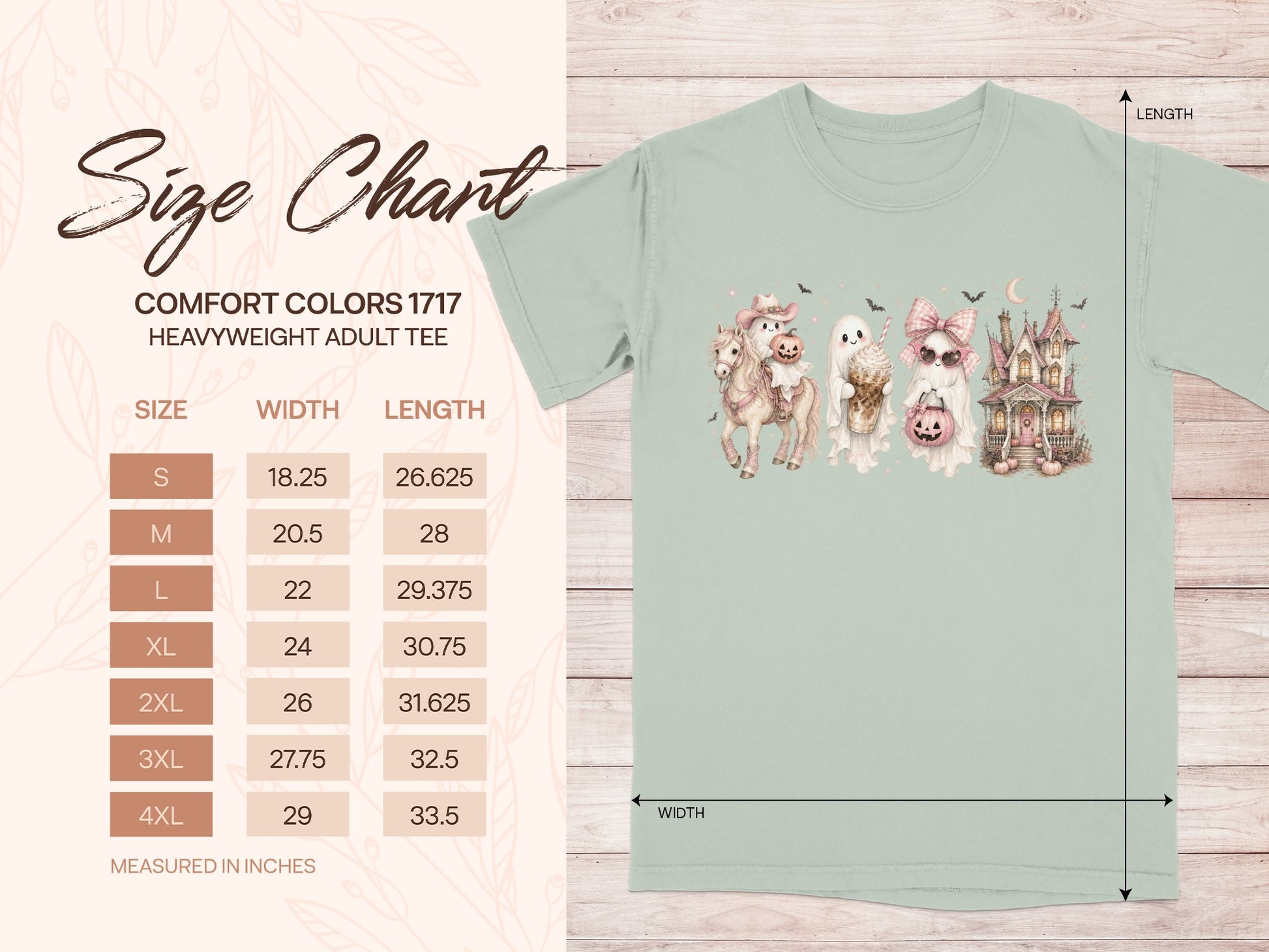 Comfort Colors 1717 size chart for heavyweight adult tee with measurements.