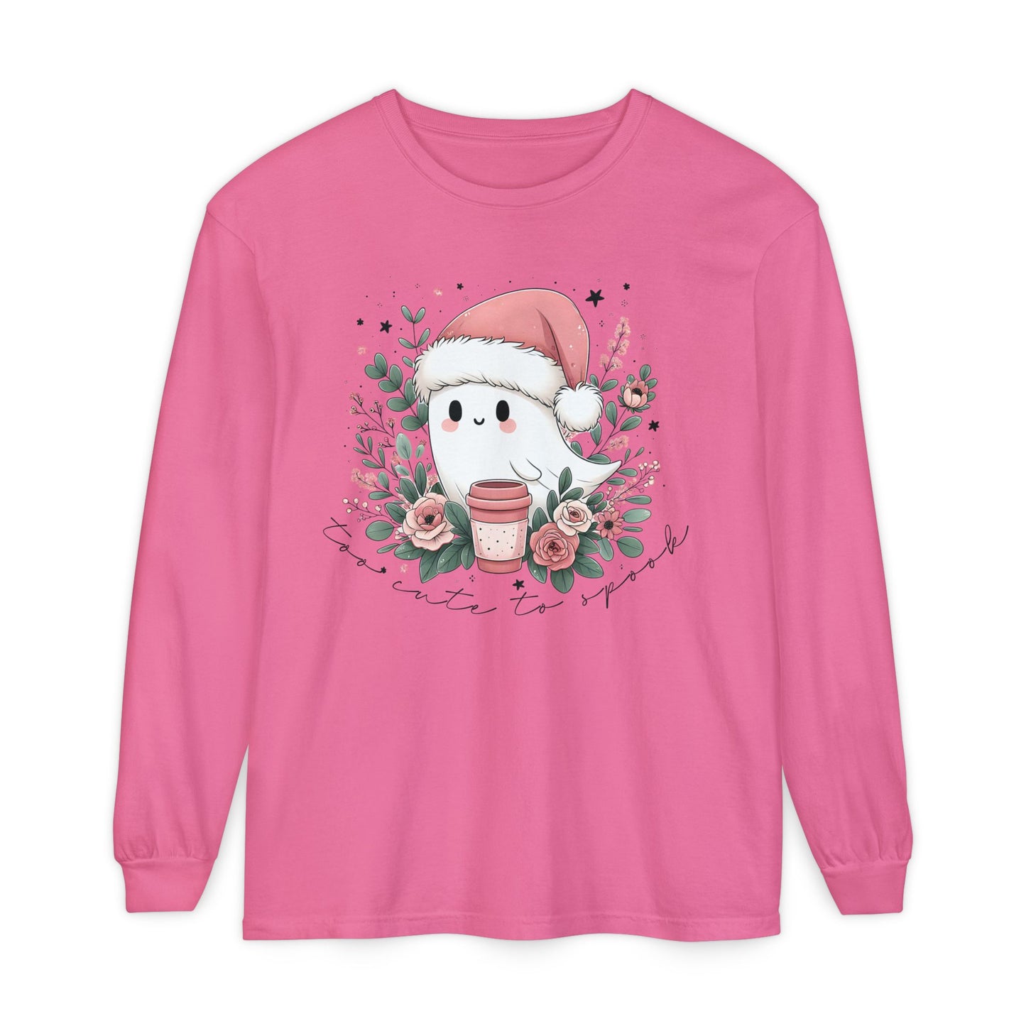 Too Cute to Spook Long Sleeve T-Shirt, Watercolor Ghost with Pink Santa Hat, Coffee & Florals, Pastel Christmas Holiday Apparel