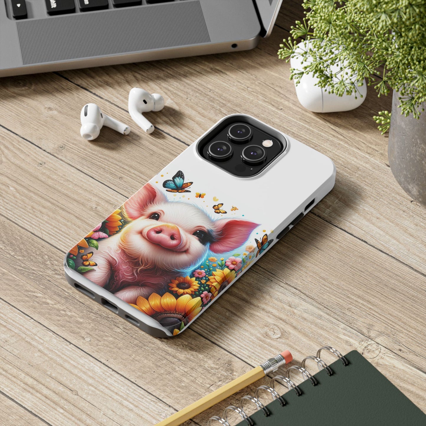 Cute Pig Surrounded With Sunflowers and Butterflies Phone Case