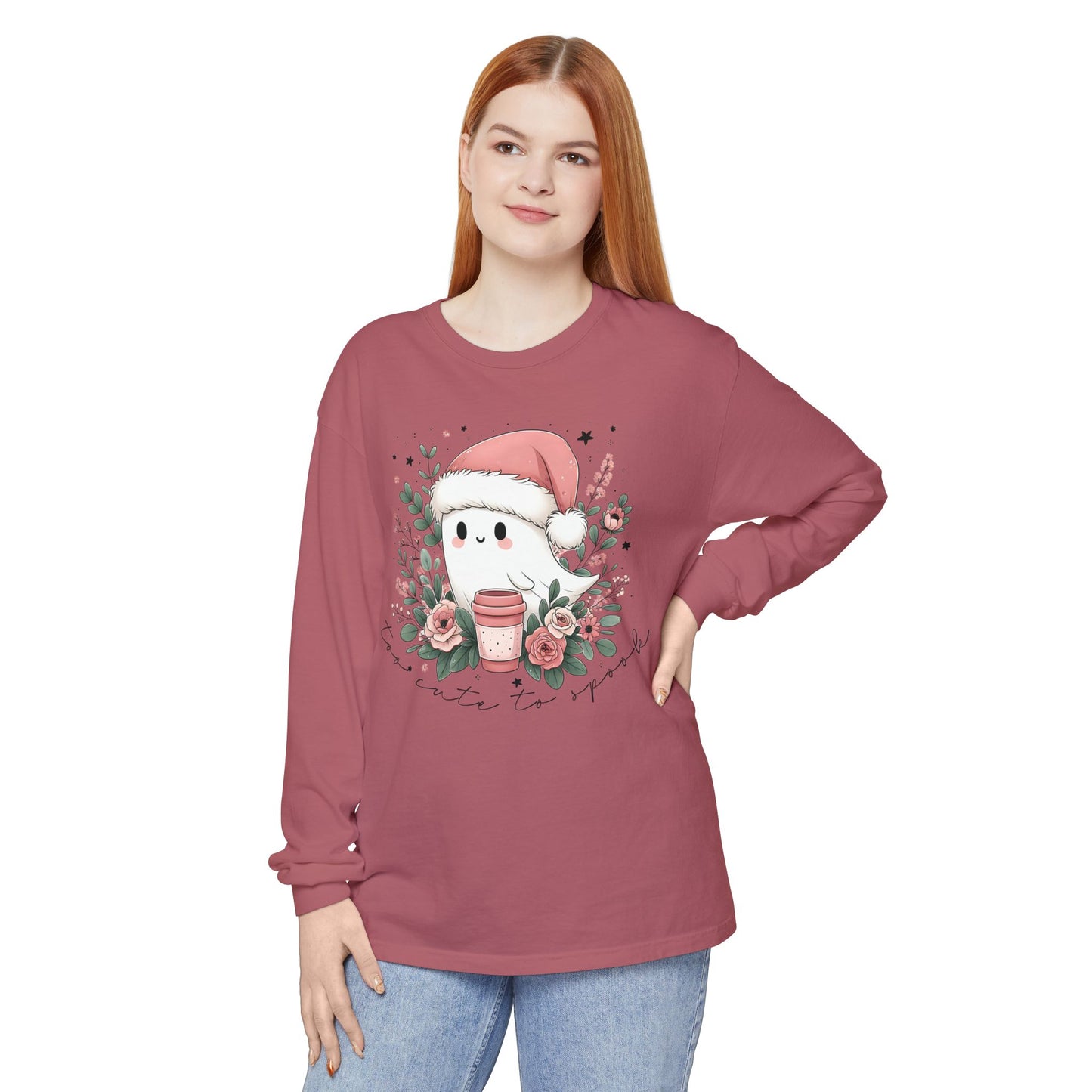 Too Cute to Spook Long Sleeve T-Shirt, Watercolor Ghost with Pink Santa Hat, Coffee & Florals, Pastel Christmas Holiday Apparel