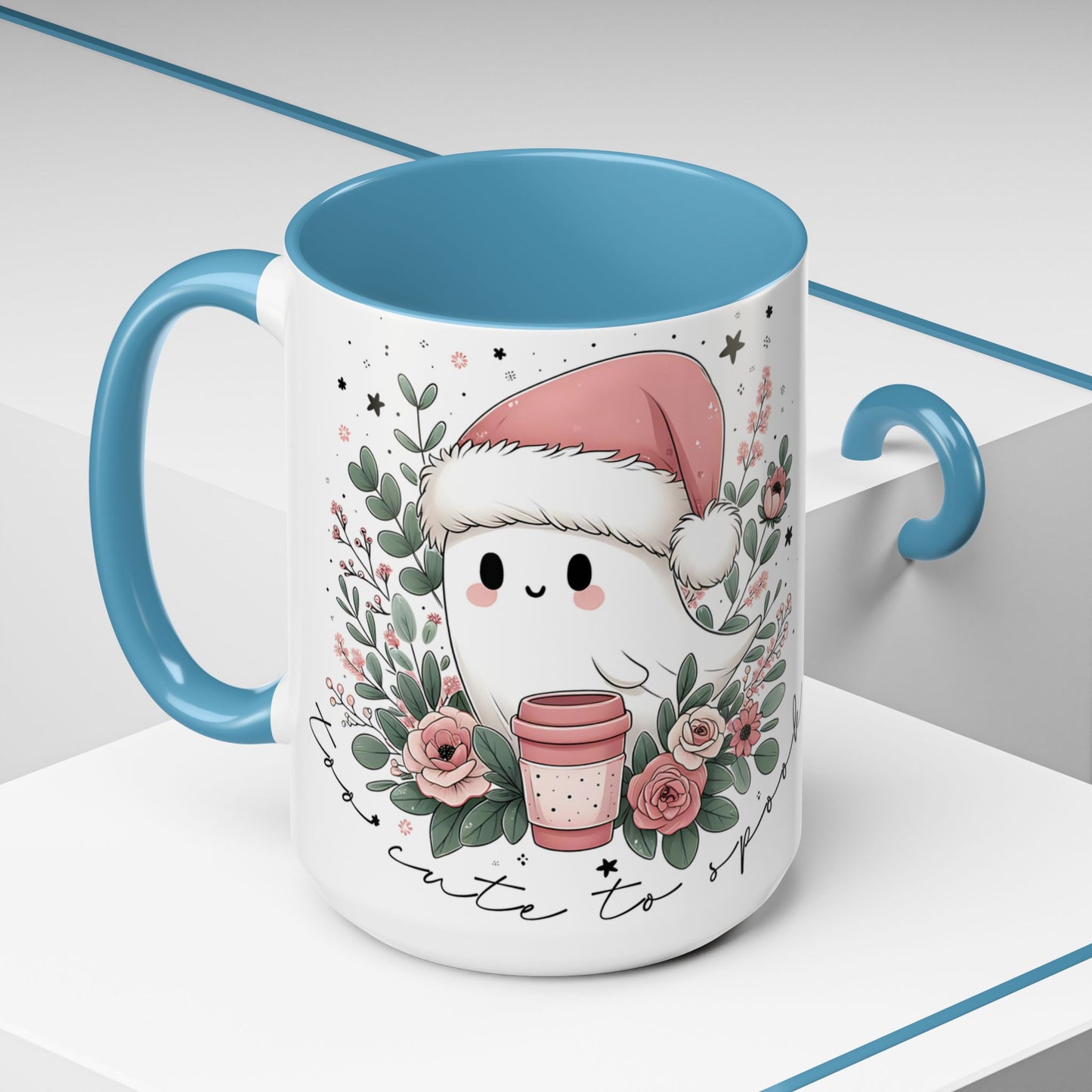 Too Cute to Spook Mug | Ghost with Pink Santa Hat & Coffee | Pastel Christmas Holiday Mug