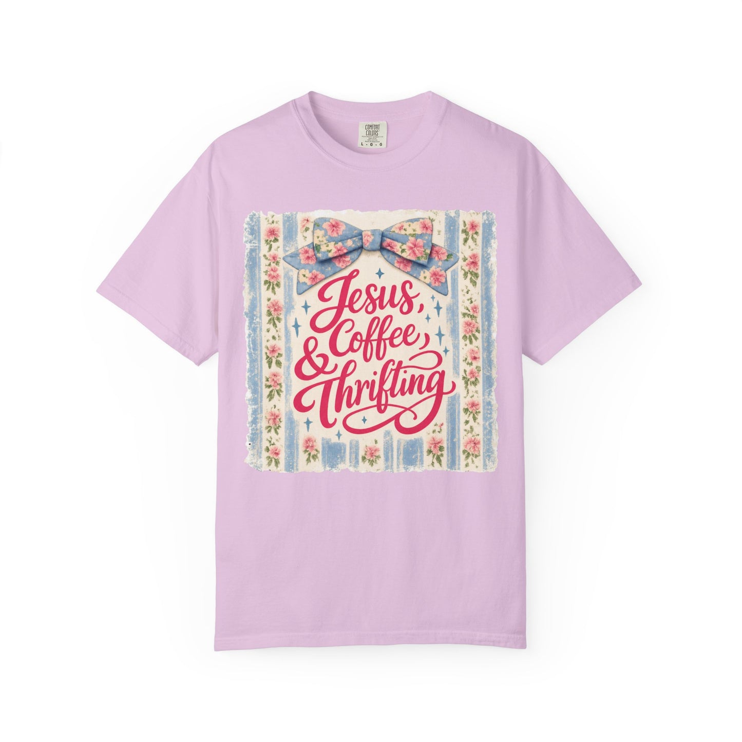 Jesus, Coffee & Thrifting Tee — Antique Fresh Brew Faith Shirt with Stripes & Bow