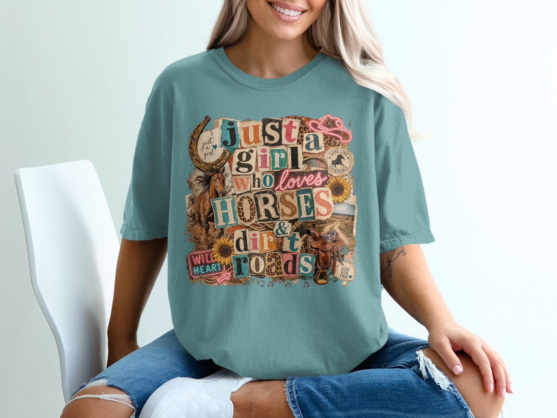 Just a girl who loves horses and dirt roads graphic on t-shirt.