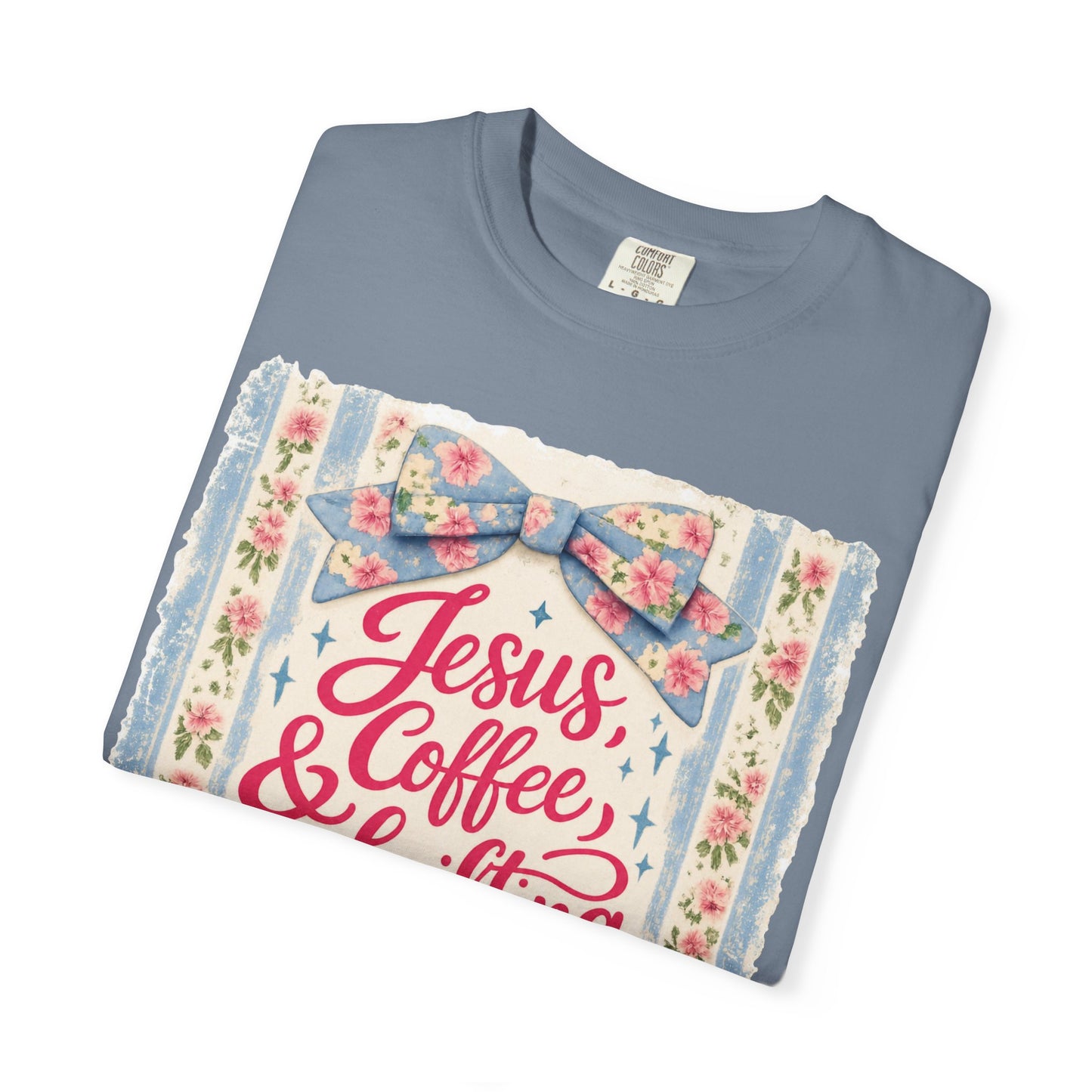 Jesus, Coffee & Thrifting Tee — Antique Fresh Brew Faith Shirt with Stripes & Bow