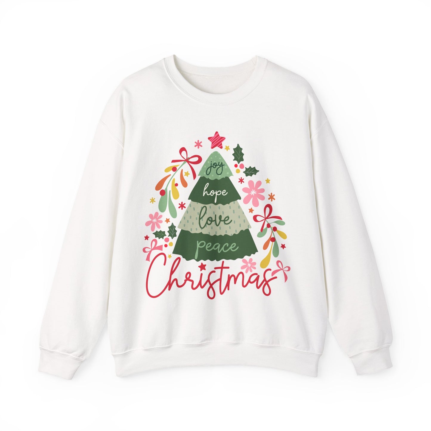 Christmas Tree  Sweatshirt — Joy Hope Love Peace Holiday Pullover