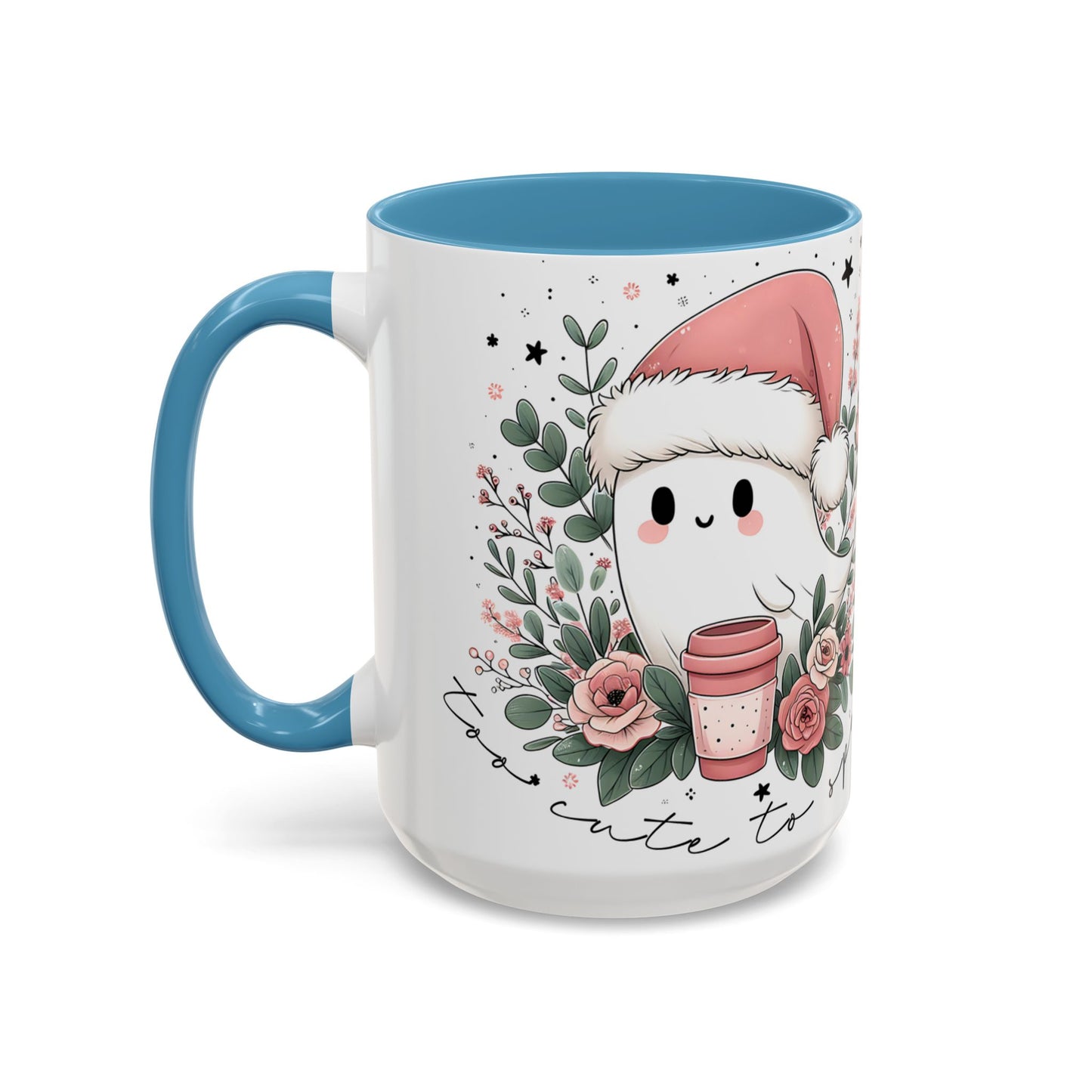 Too Cute to Spook Mug | Ghost with Pink Santa Hat & Coffee | Pastel Christmas Holiday Mug