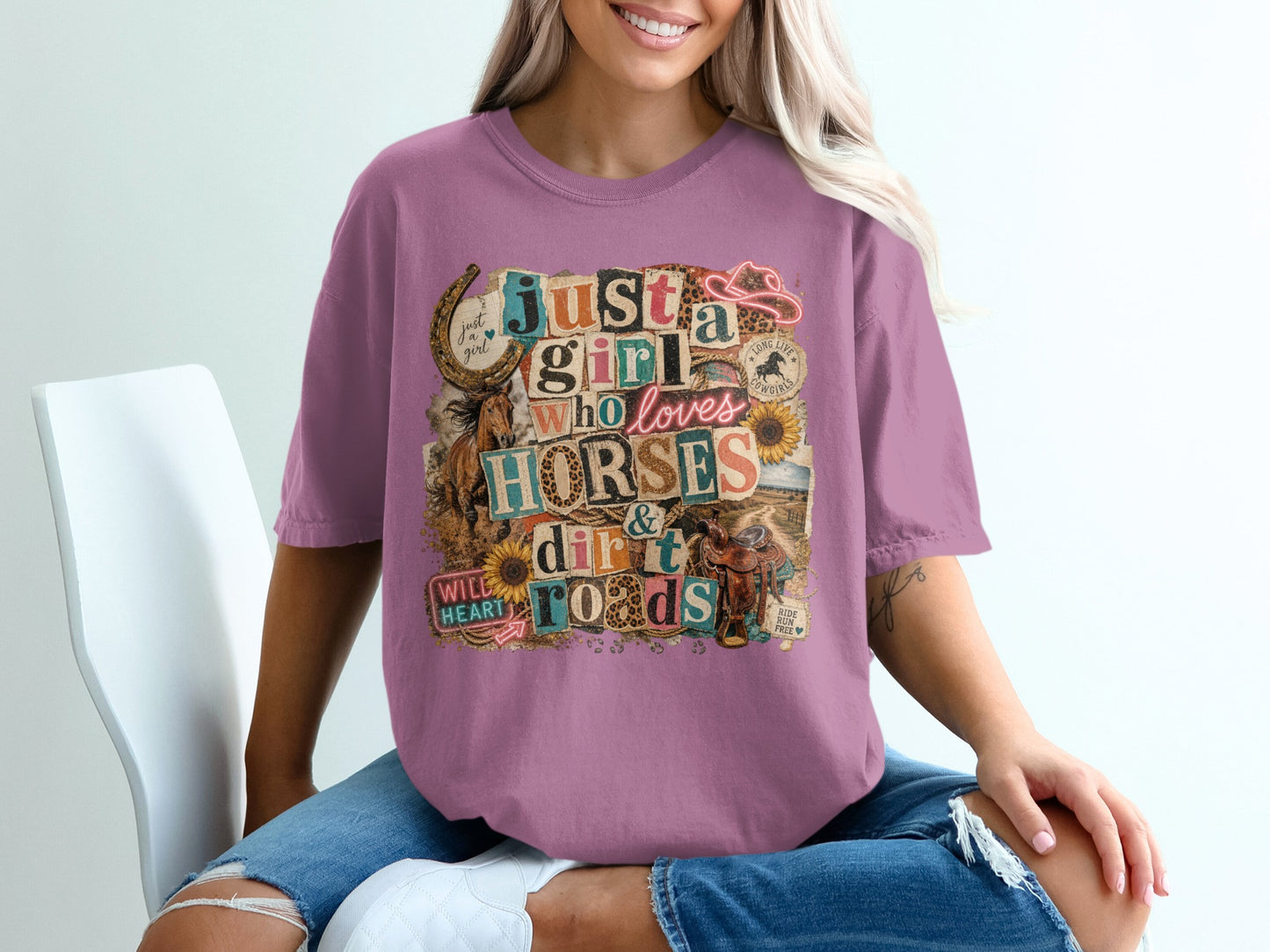 Just a girl who loves horses & dirt roads graphic tee with horse and rodeo imagery.