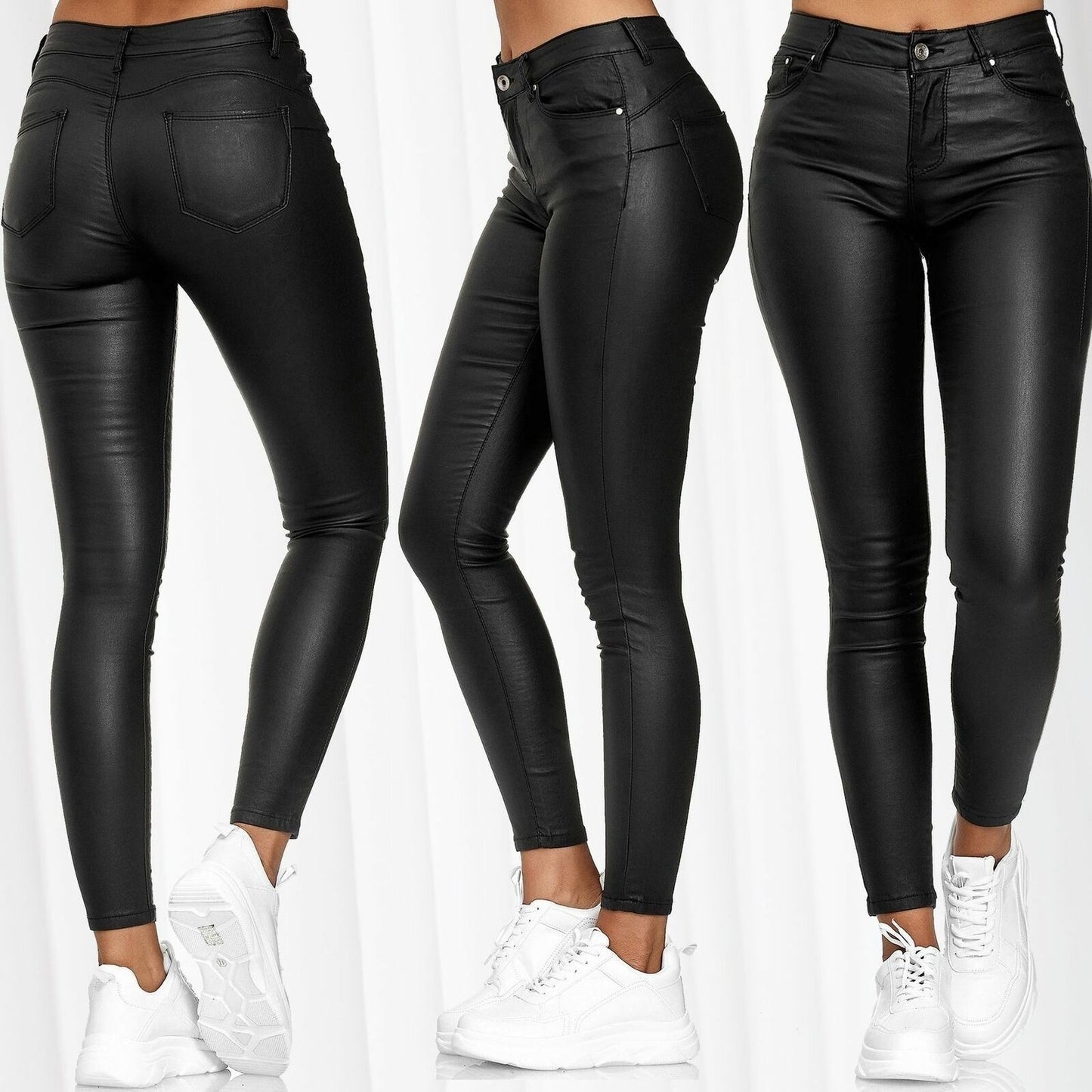 Solid Color Leather Skinny Pants