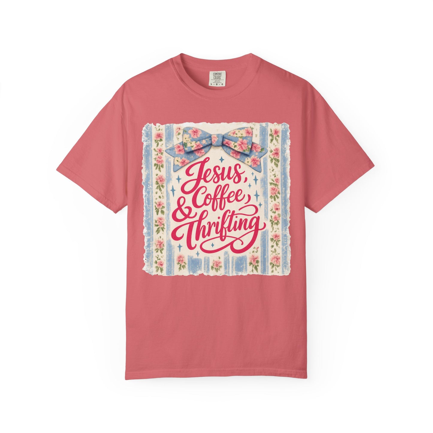 Jesus, Coffee & Thrifting Tee — Antique Fresh Brew Faith Shirt with Stripes & Bow