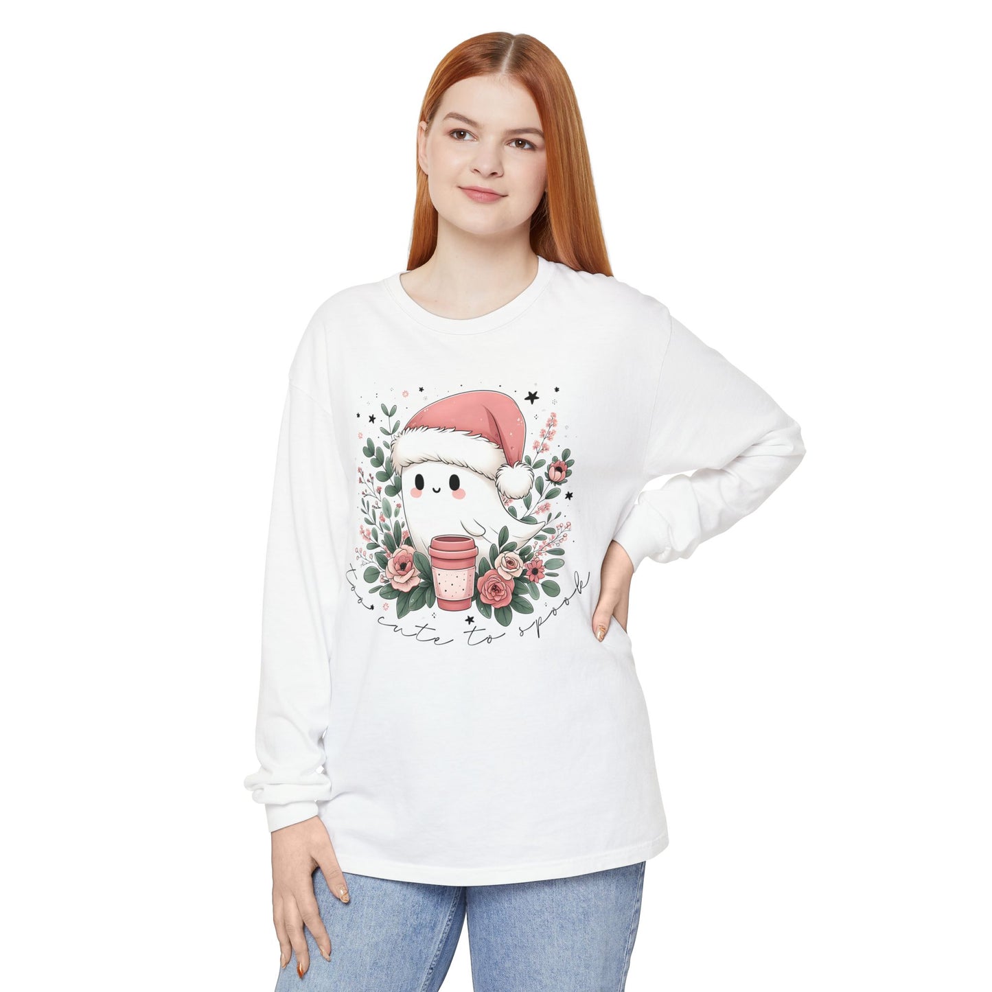 Too Cute to Spook Long Sleeve T-Shirt, Watercolor Ghost with Pink Santa Hat, Coffee & Florals, Pastel Christmas Holiday Apparel