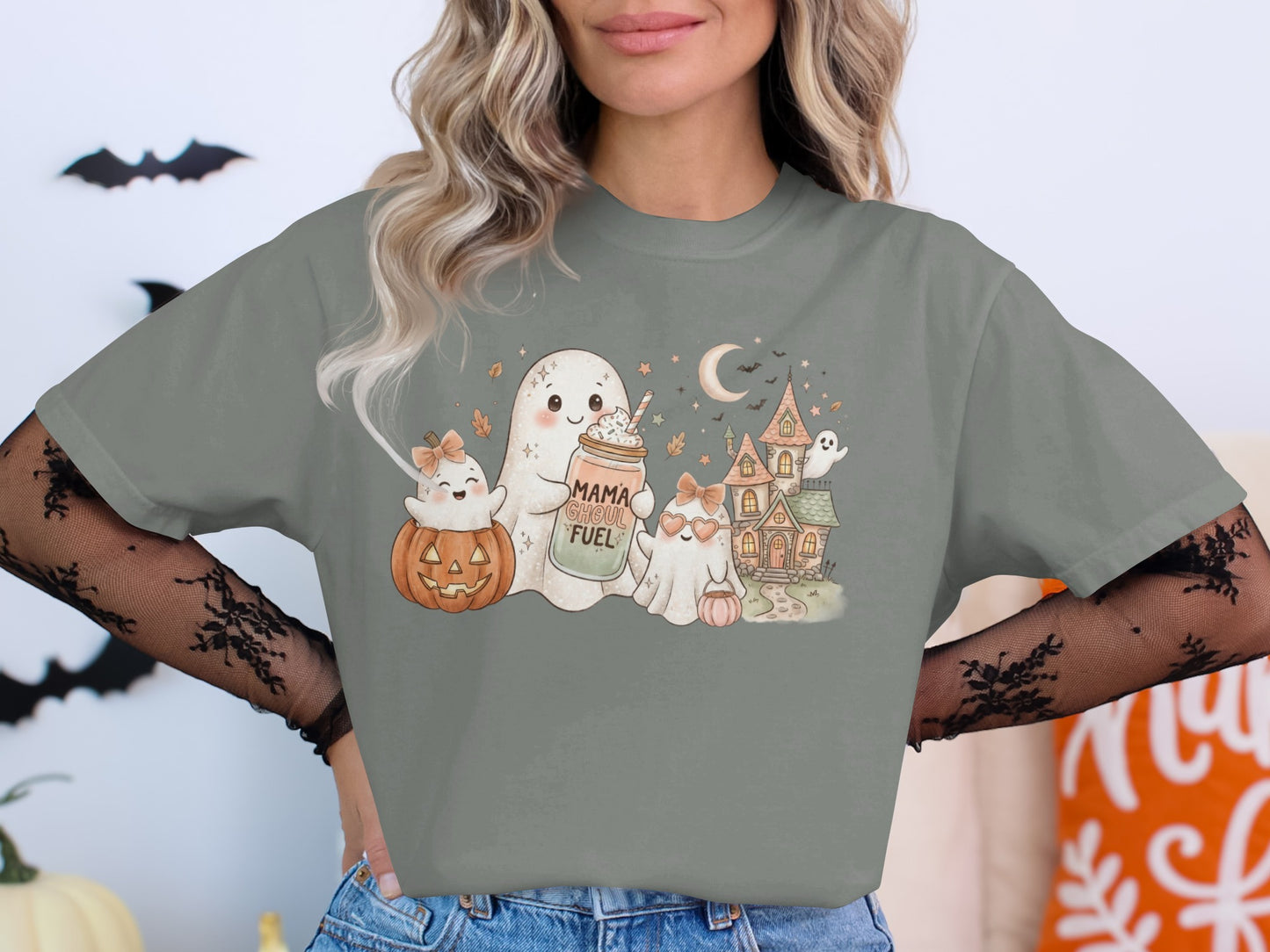 Halloween shirt with ghosts, pumpkin, haunted house, and "Mama Ghoul Fuel" text.