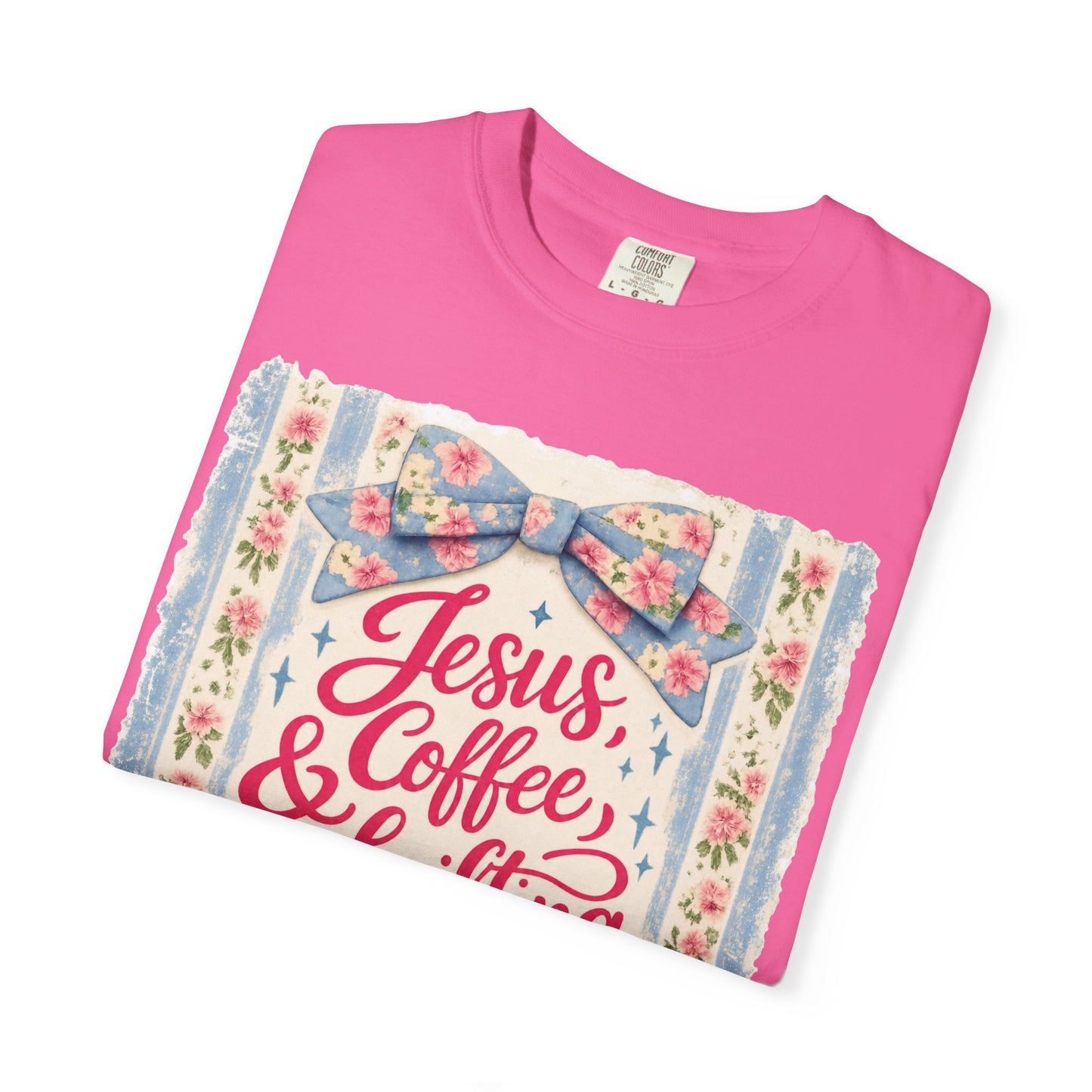 Jesus, Coffee & Thrifting Tee — Antique Fresh Brew Faith Shirt with Stripes & Bow