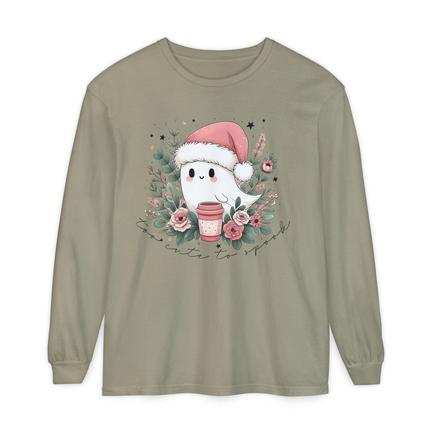 Too Cute to Spook Long Sleeve T-Shirt, Watercolor Ghost with Pink Santa Hat, Coffee & Florals, Pastel Christmas Holiday Apparel