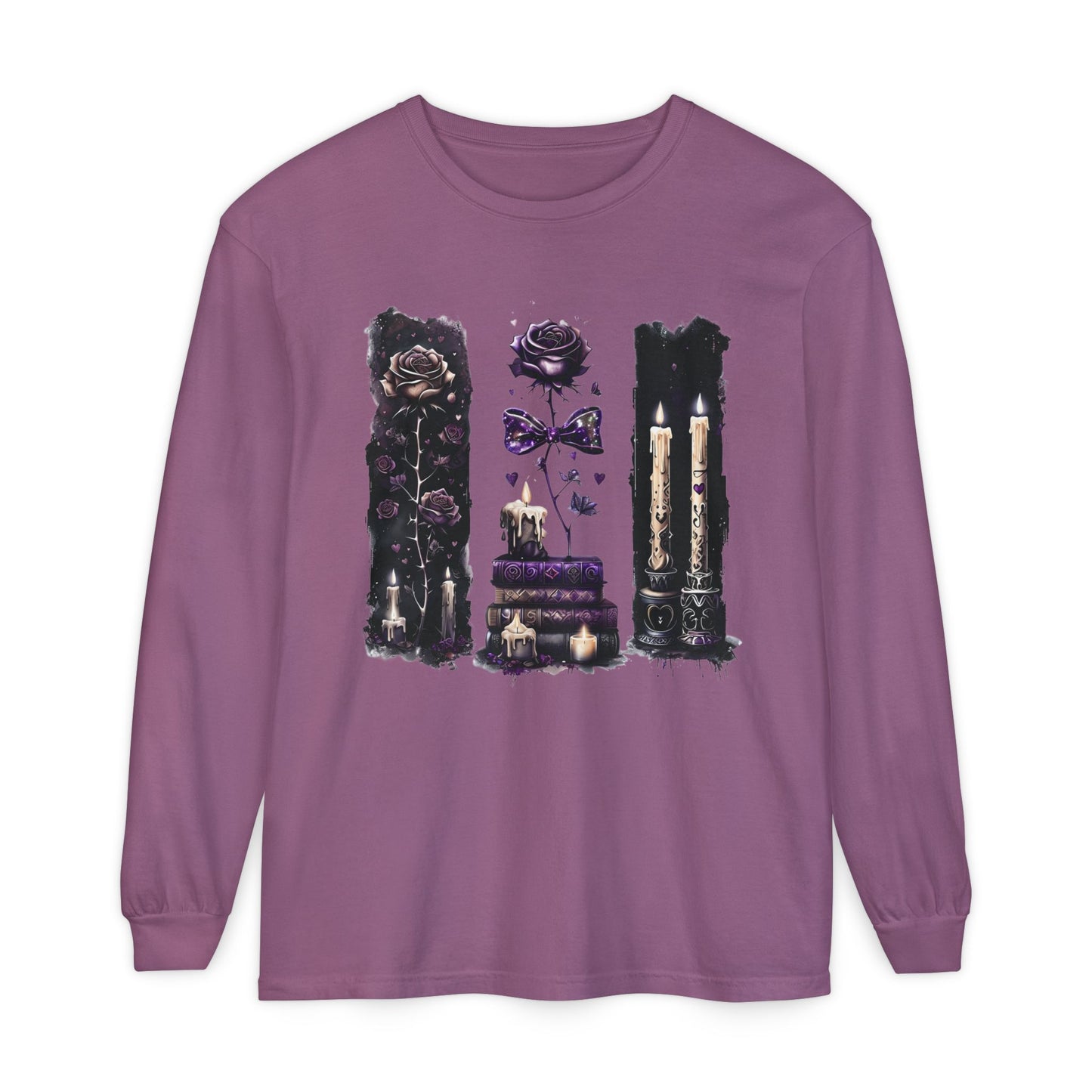 Gothic Witchcraft Long Sleeve Tee – Dark Roses, Candles & Book Lover
