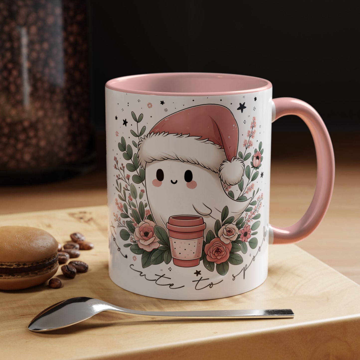 Too Cute to Spook Mug | Ghost with Pink Santa Hat & Coffee | Pastel Christmas Holiday Mug