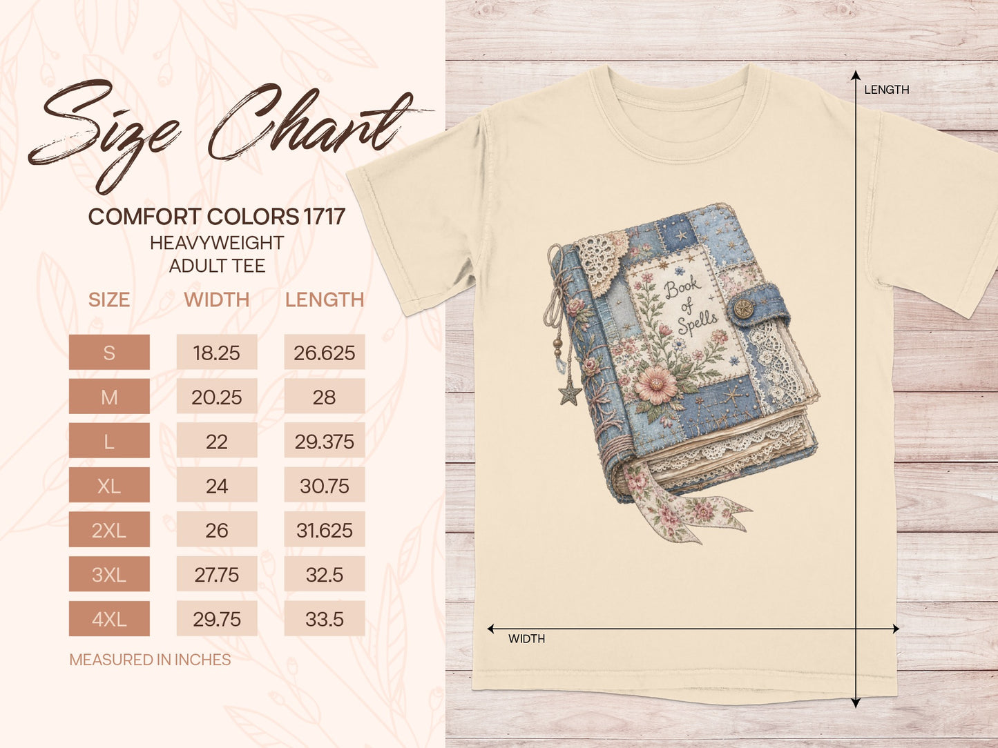 Comfort Colors 1717 adult tee size chart with width and length measurements in inches.