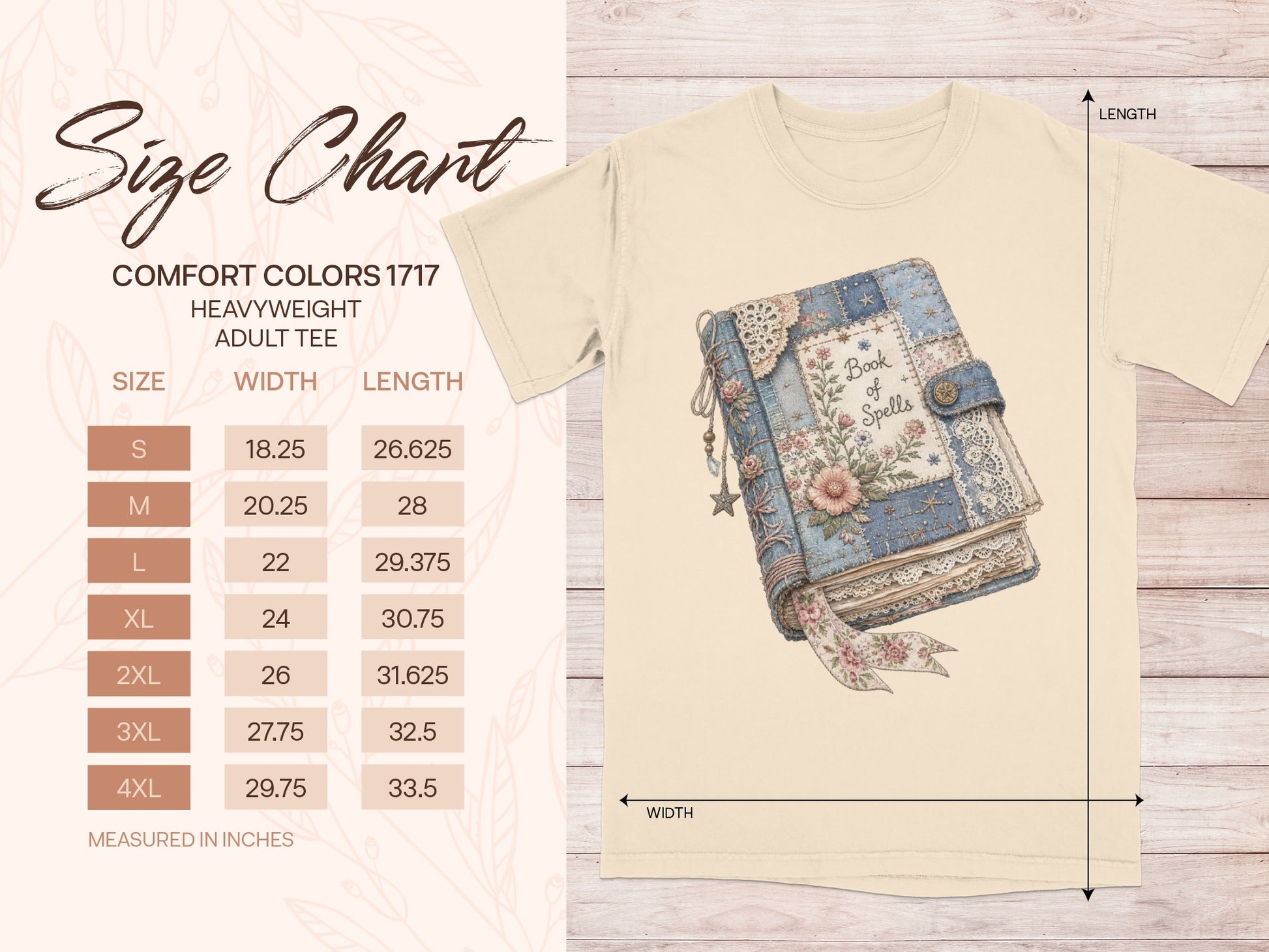 Comfort Colors 1717 adult tee size chart with width and length measurements in inches.