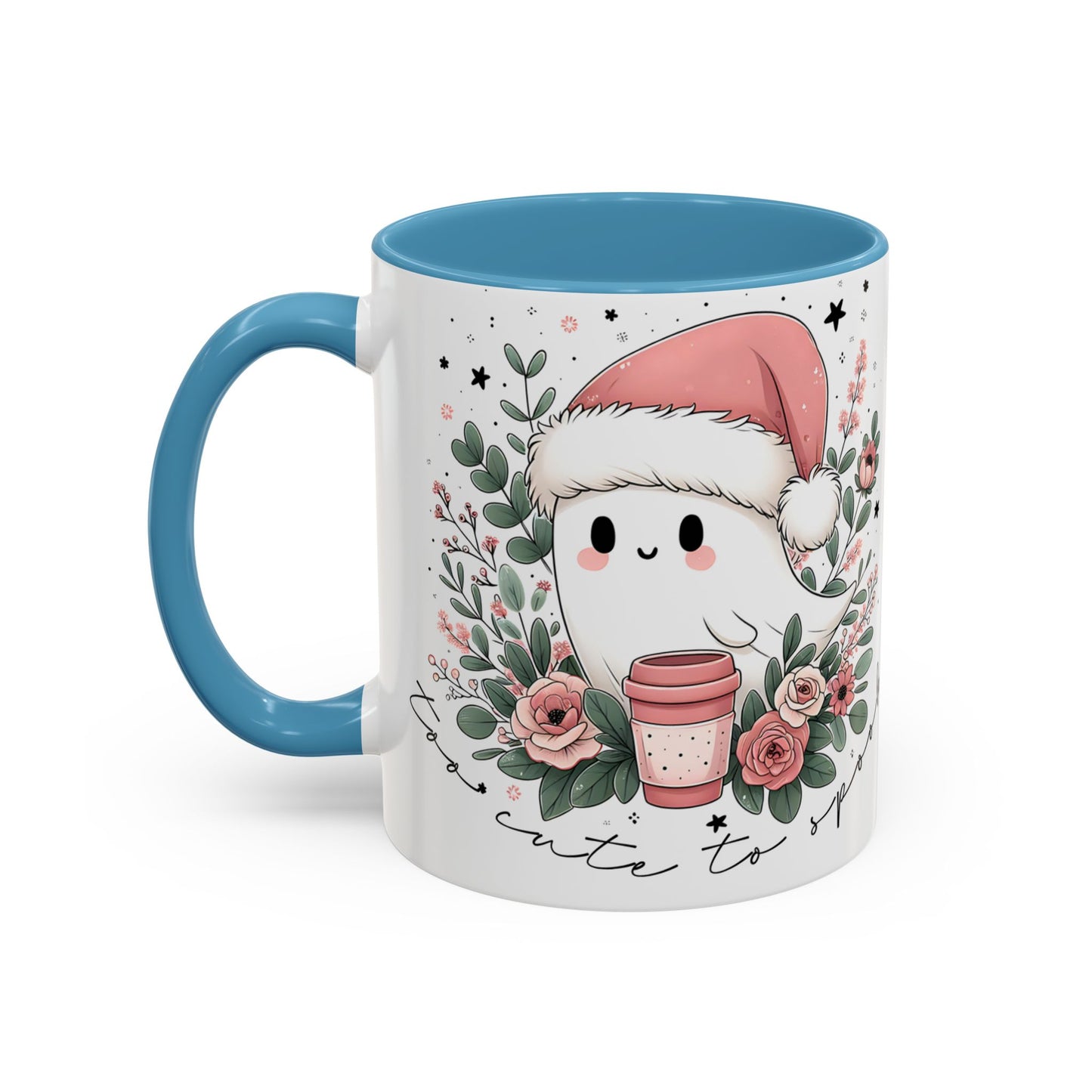 Too Cute to Spook Mug | Ghost with Pink Santa Hat & Coffee | Pastel Christmas Holiday Mug