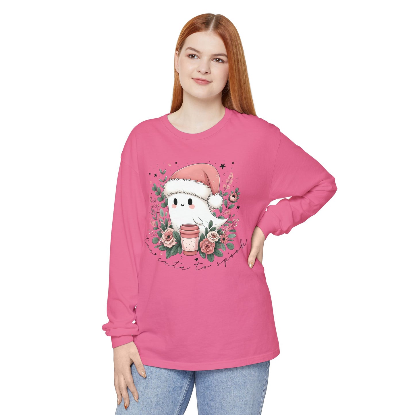 Too Cute to Spook Long Sleeve T-Shirt, Watercolor Ghost with Pink Santa Hat, Coffee & Florals, Pastel Christmas Holiday Apparel