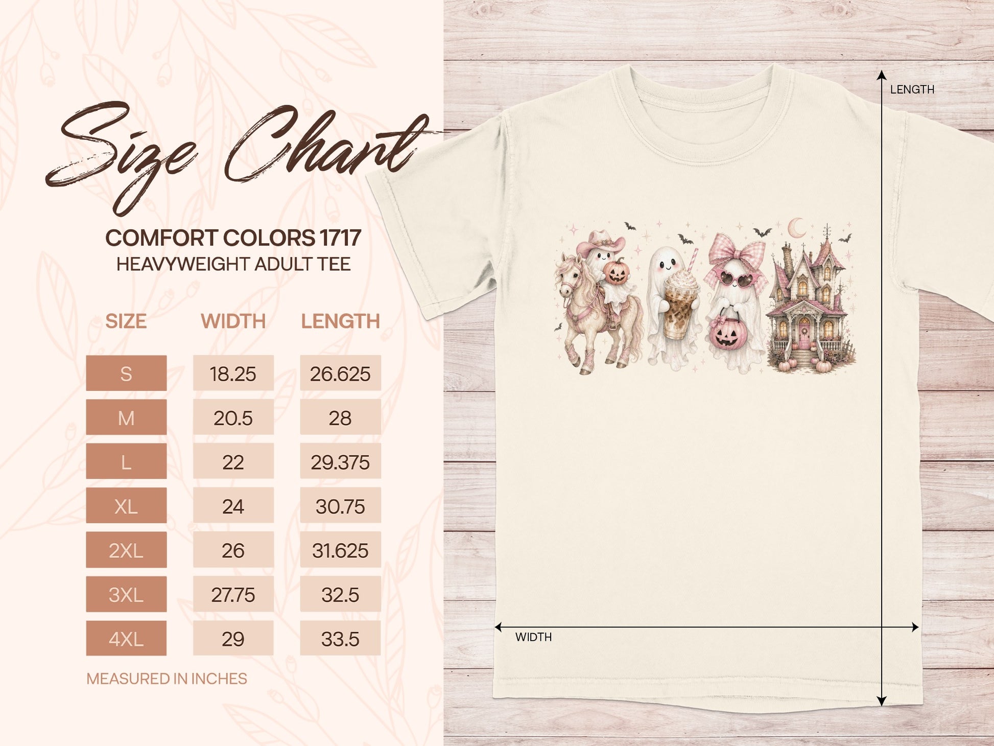Comfort Colors 1717 heavyweight adult tee size chart with widths and lengths in inches.