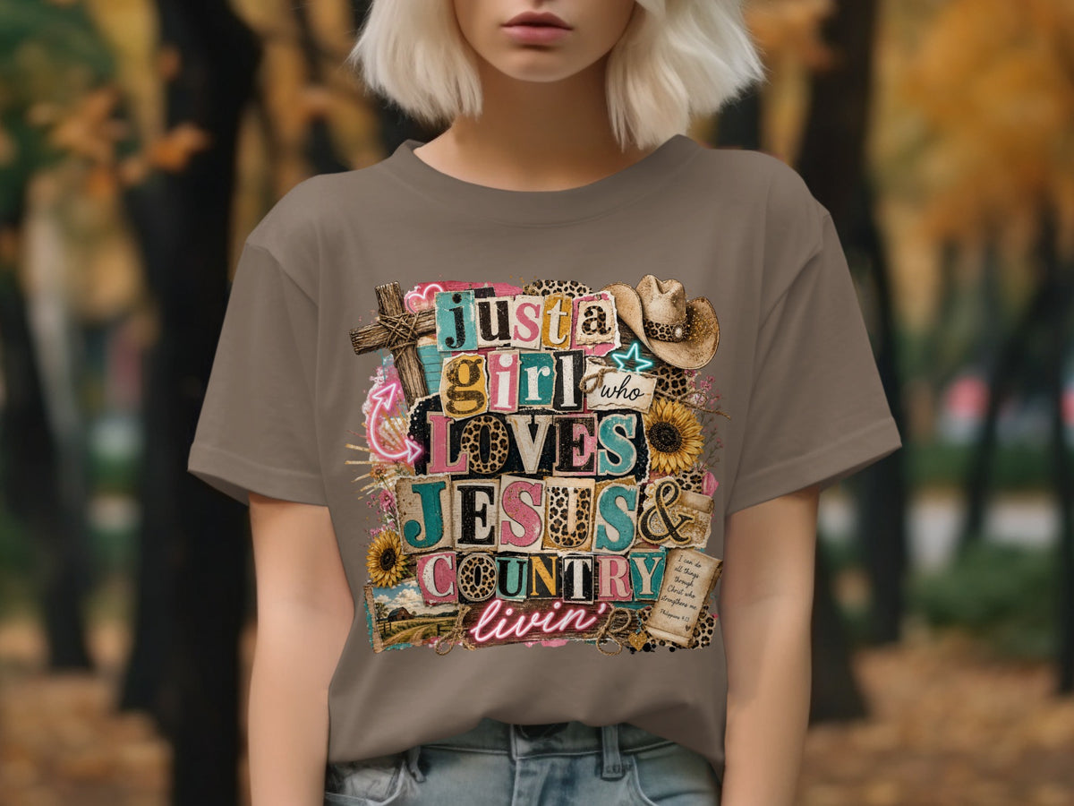 Just a girl who loves Jesus and country livin' graphic t-shirt design.