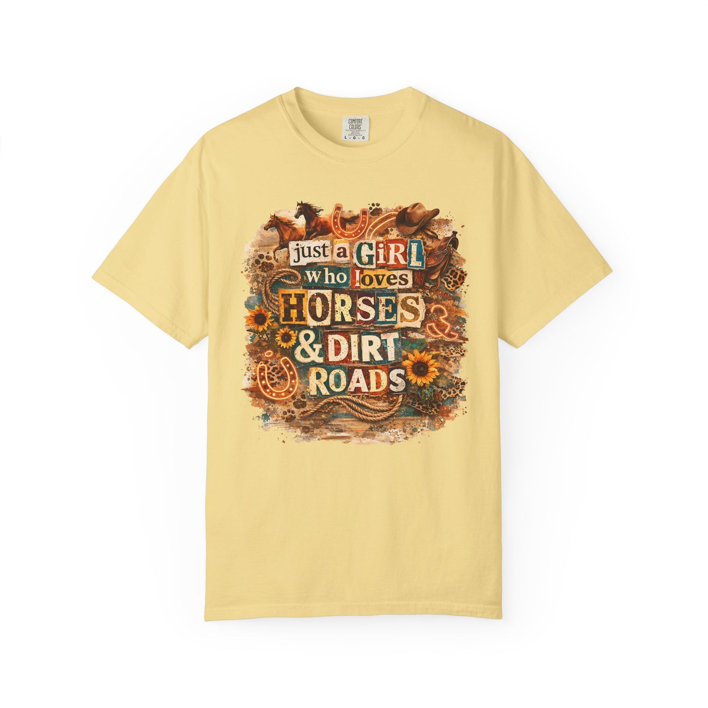 Just a Girl Who Loves Horses & Dirt Roads Shirt | Horse Girl Graphic Tee | Equestrian Gift for Women | Western Boho Shirt | Cowgirl Rodeo Tee