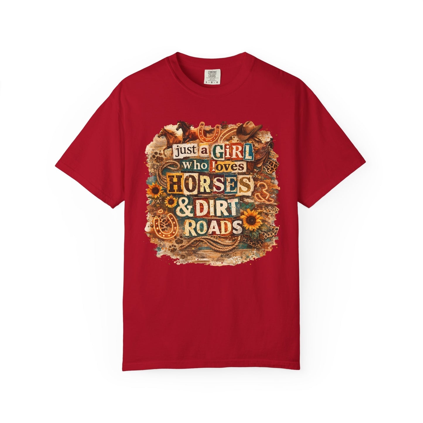 Just a Girl Who Loves Horses & Dirt Roads Shirt | Horse Girl Graphic Tee | Equestrian Gift for Women | Western Boho Shirt | Cowgirl Rodeo Tee