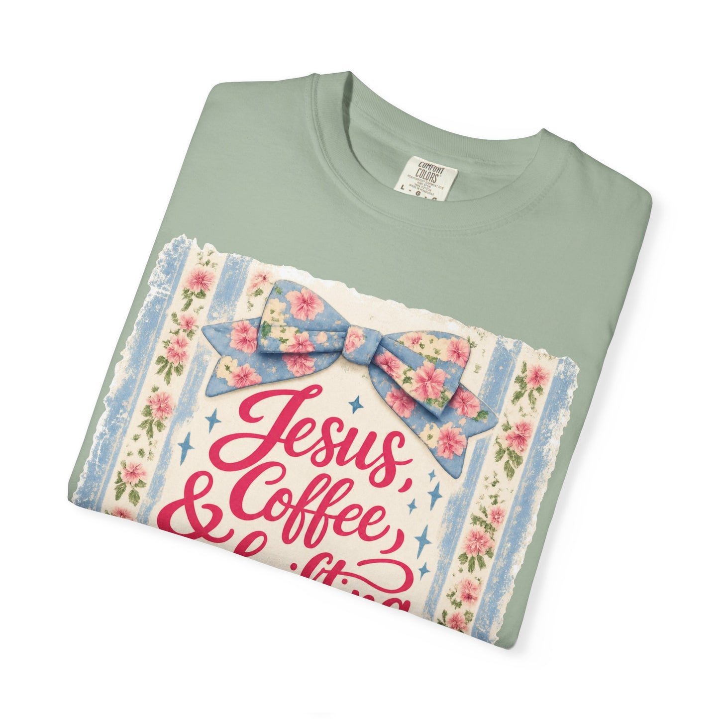 Jesus, Coffee & Thrifting Tee — Antique Fresh Brew Faith Shirt with Stripes & Bow