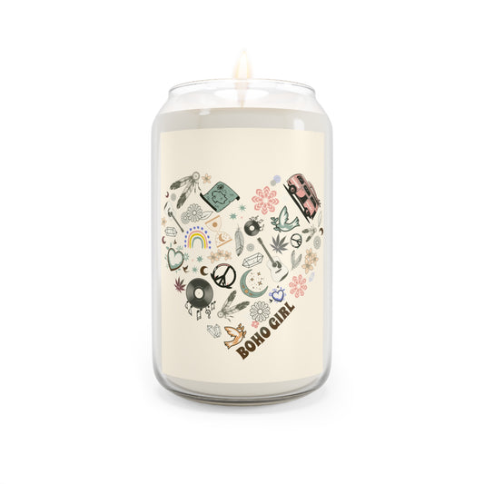 Boho Girl Scented Soy Candle, Cozy Home Decor, Relaxing Gift for Her, Aromatherapy, Eco-Friendly Candle, Gift for Any Occasion, Retro Crystals, Peace Sign & Dreamcatcher Elements