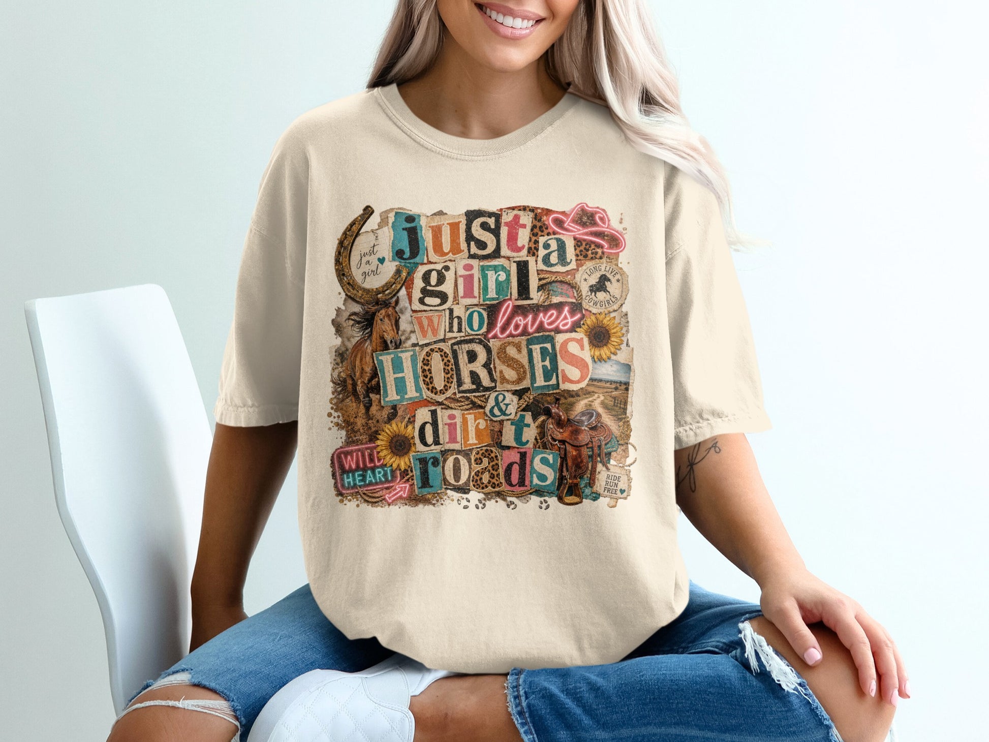Just a girl who loves horses and dirt roads graphic tee.