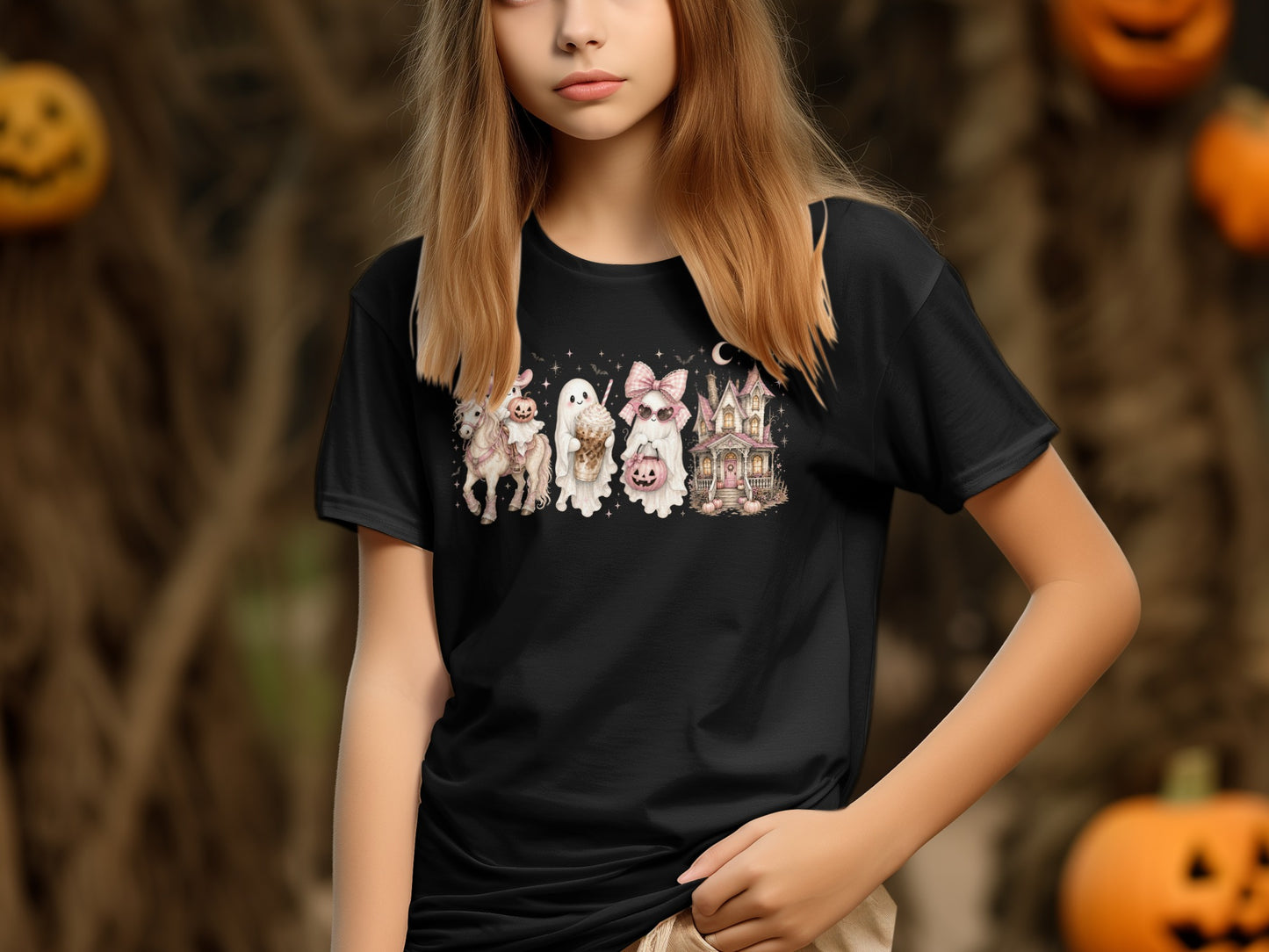 Black t-shirt with a pink Halloween graphic featuring a unicorn, ghosts, and a haunted house.